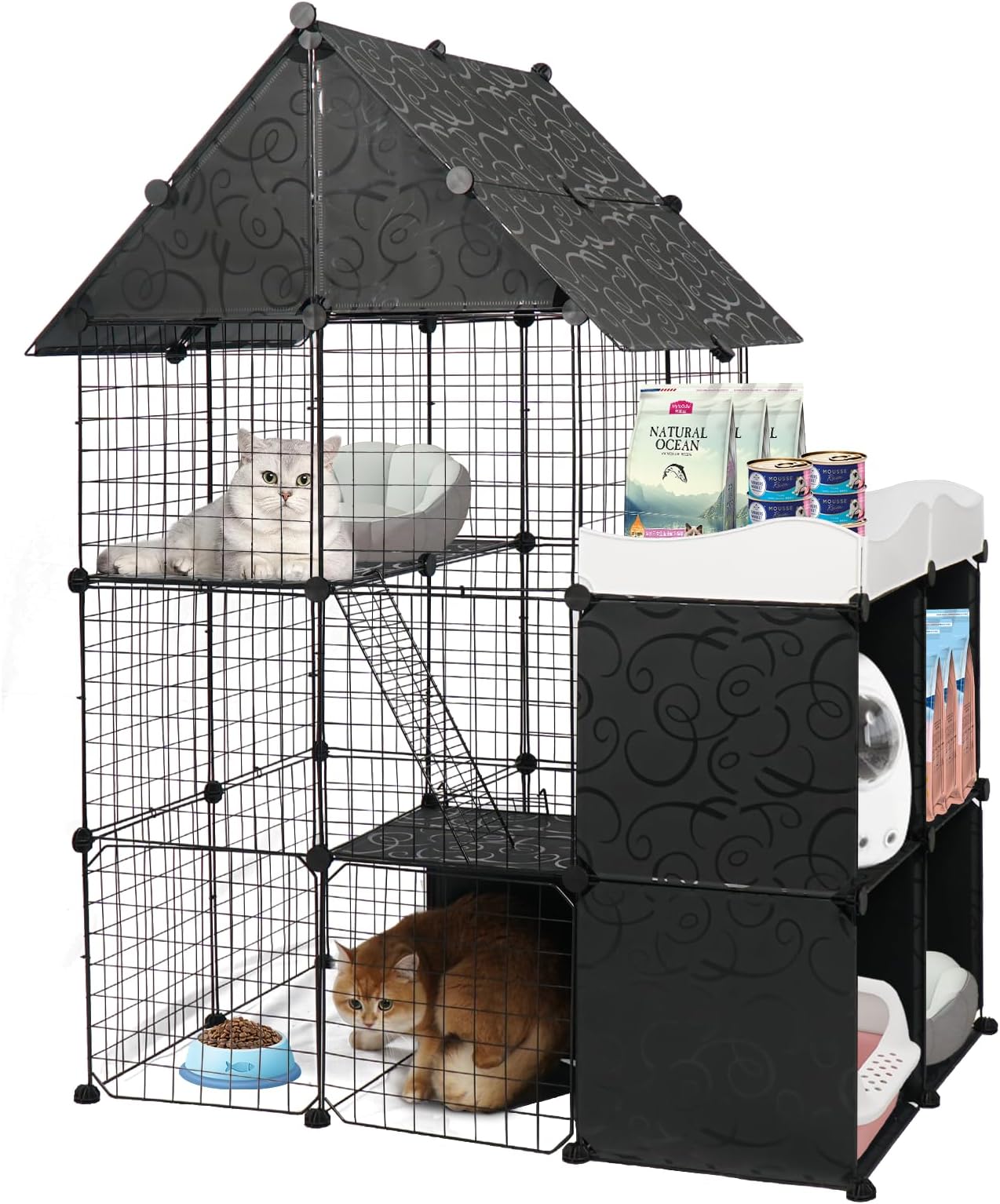 YU YUSINGLarge Cat Cage with Storage Cube Indoor DIY Indoor Catio Cat Enclosures Metal Cat Playpen Detachable