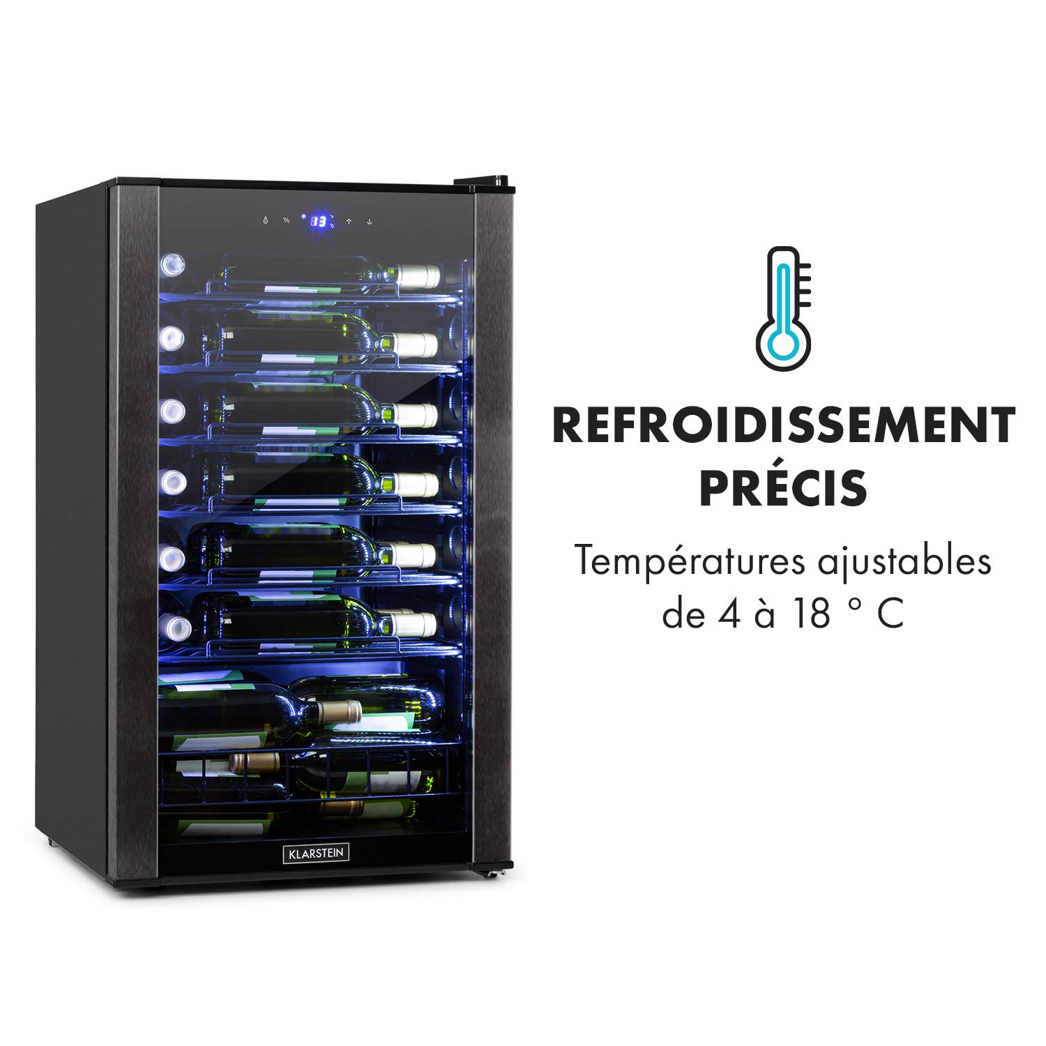 Klarstein Vinomatica - Cave à vin, Compacte, Capacité de 95L, 36 bouteilles, Porte panoramique, Cadre en acier inoxydable noir, Eclairage intérieur, 6 tablettes amovibles, Réglable de 4 à 18°C, Noir