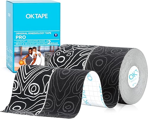 Miniatura 15 de OK TAPE PRO Cinta de kinesiología, 2 pulgadas x rollo largo de 16 pies, cinta elástica atlética terapéutica sin látex, corte libre, Negro+Negro
