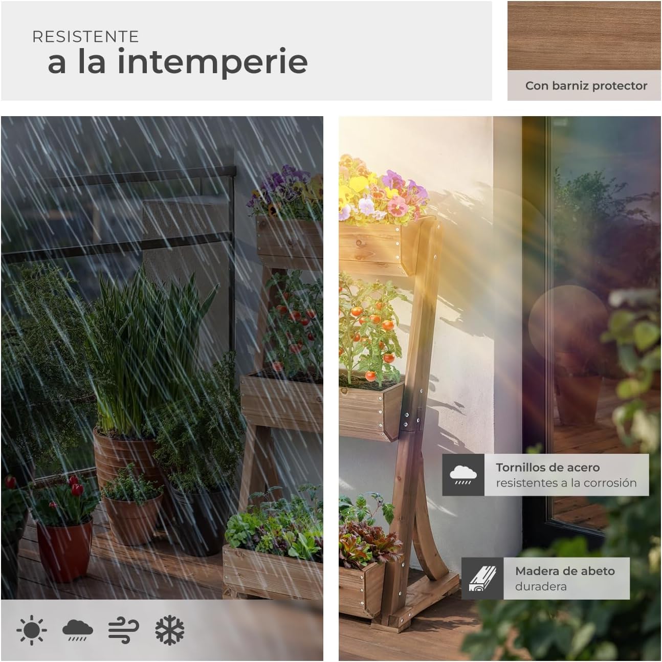 Image depicting the TecTake vertical garden enduring rain, highlighting its weather-resistant features like lacquered wood and corrosion-resistant screws.