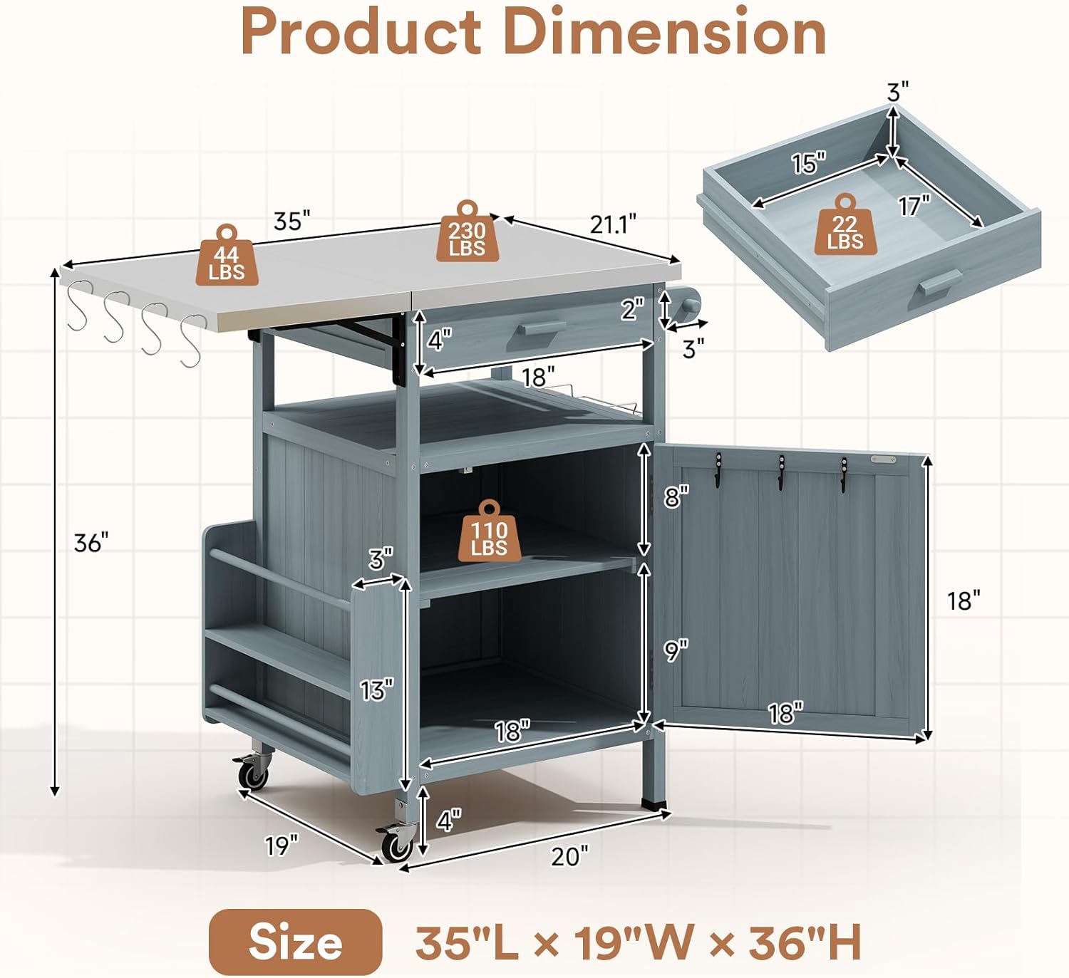 Outdoor Grill Cart with Drop Leaf, Stainless Steel Tabletop Outdoor Kitchen Island, Solid Wood Outdoor Buffet Cabinet with Drawer, Towel Rack, Lockable Wheels for Grilling, Gray-Blue