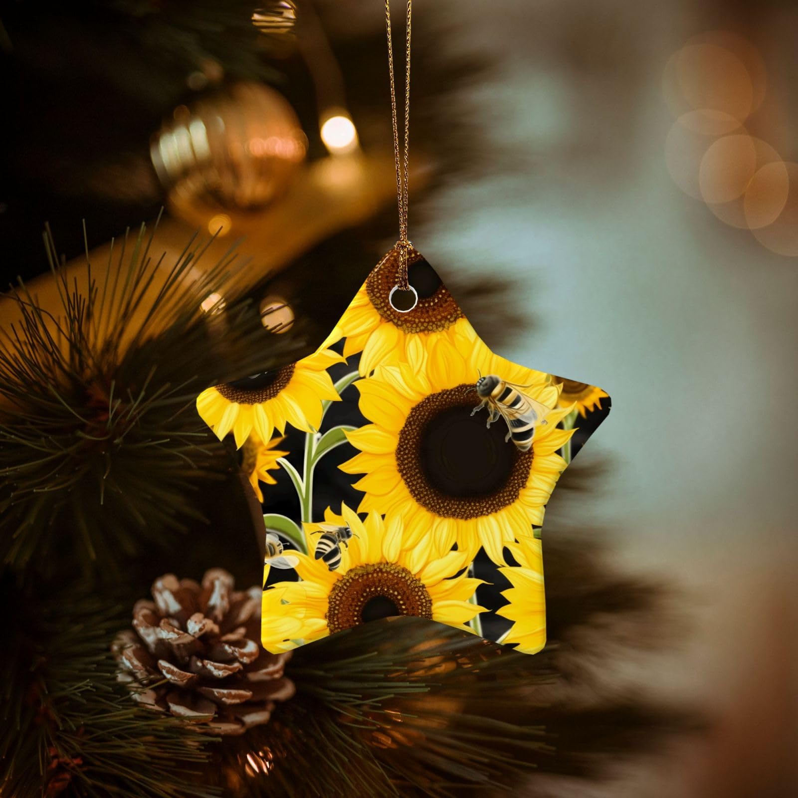 Christmas Ornaments for Christmas Tree Decoration Hanging Sunflower Bees Ornament with Gold Ribbon Crafts Star Shape Ceramic Pendant for Keepsake Gifts Xmas Decor Party Supplies