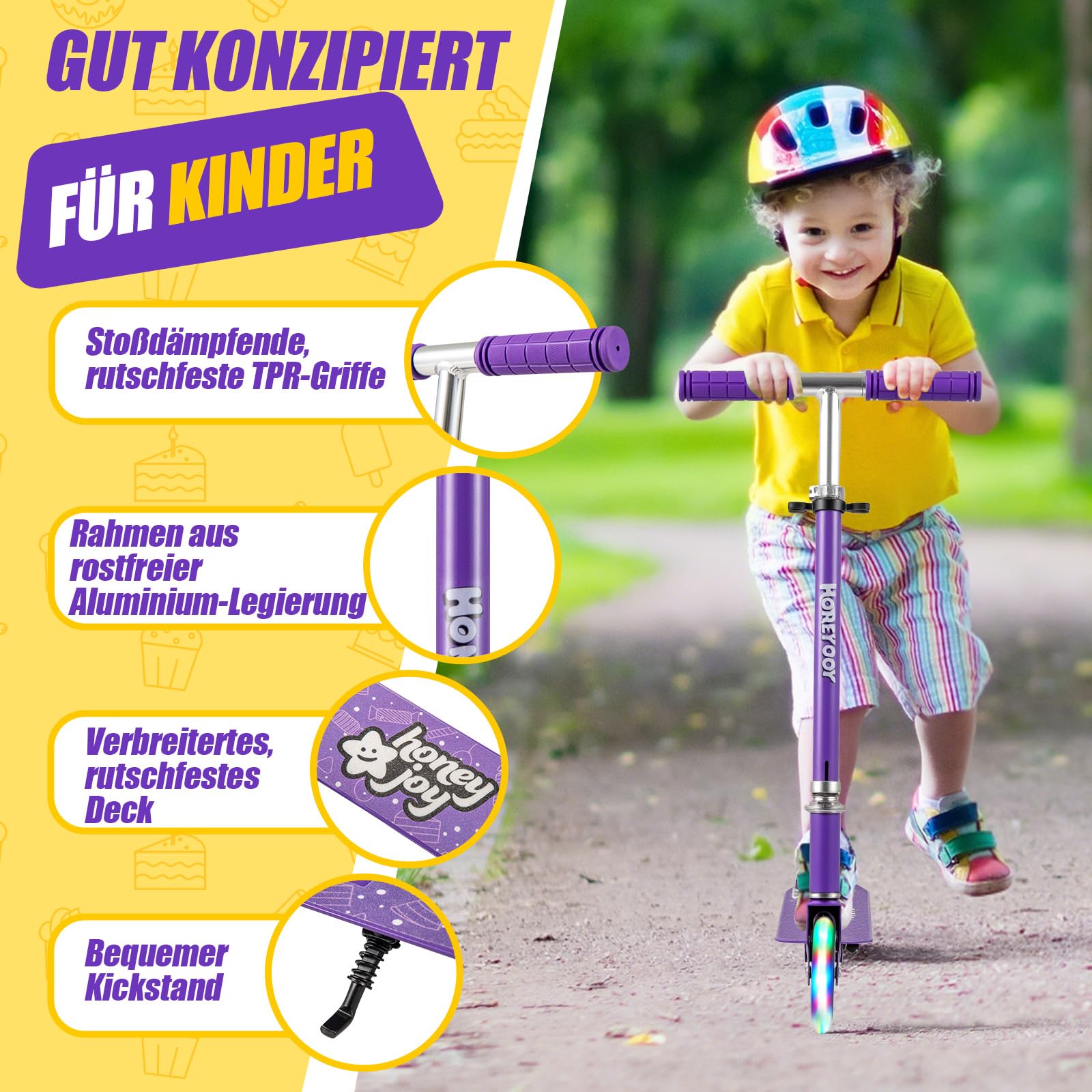 GYMAX Kinder Roller mit LED Rädern, klappbar Scooter mit henverstellbarem Lenker, Tragegurt & Bremse, Kickscooter für Kinder ab 3 Jahren