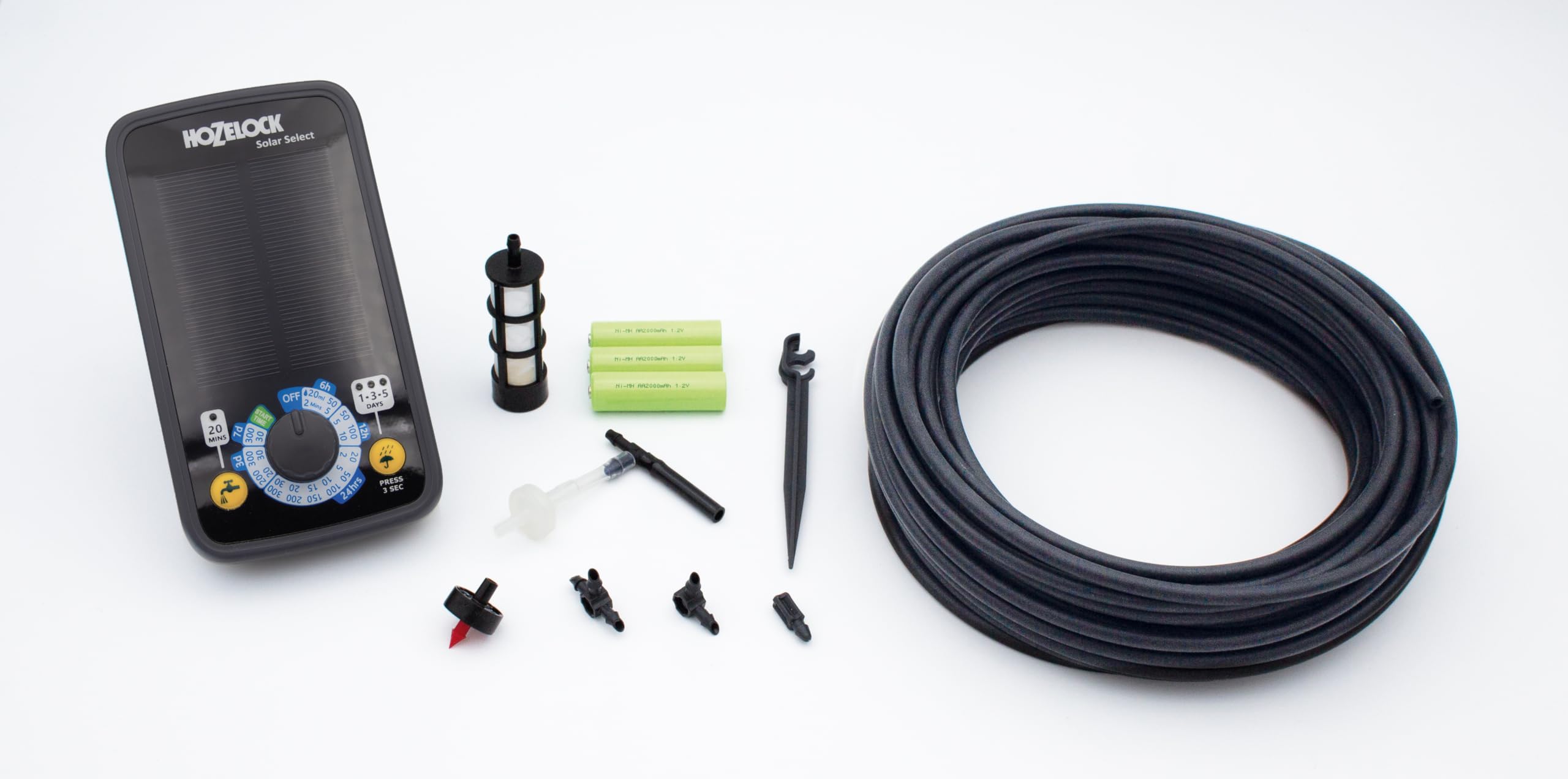 HOZELOCK - Solar Select Controller, kit di irrigazione automatica a energia solare per un massimo di 20 vasi, sistema di irrigazione a goccia con tubo da 20 m, 13 programmi preimpostati, irrigazione