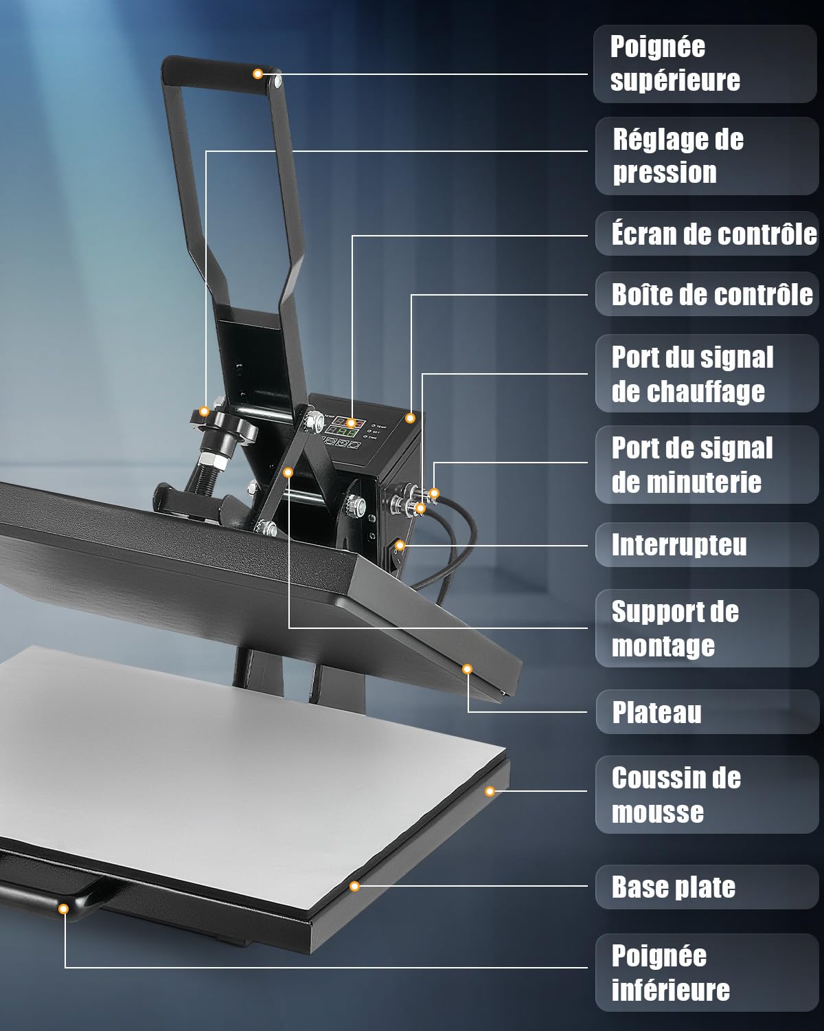 CREWORKS 40x50 CM Presse à Chaud pour T-Shirt 2000W Machine de Presse de la Chaleur Sublimation Transfert de Textile Polyvalente