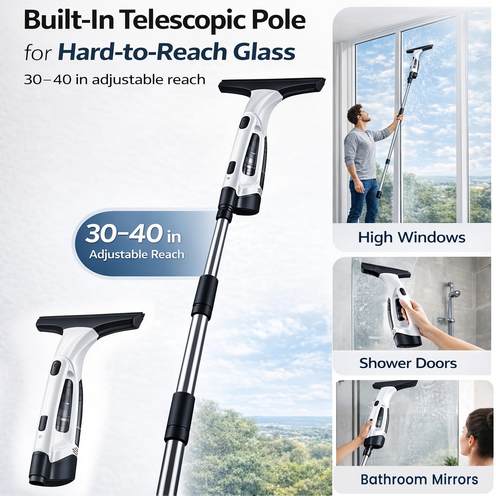 Transplant Akku Fenstersauger mit Teleskopstange Elektrischer Fensterputzer mit langer Akkulaufzeit 28 cm Saugdüse und Sprühflasche für hohe Fenster Duschtüren Spiegel und glatte Oberflächen