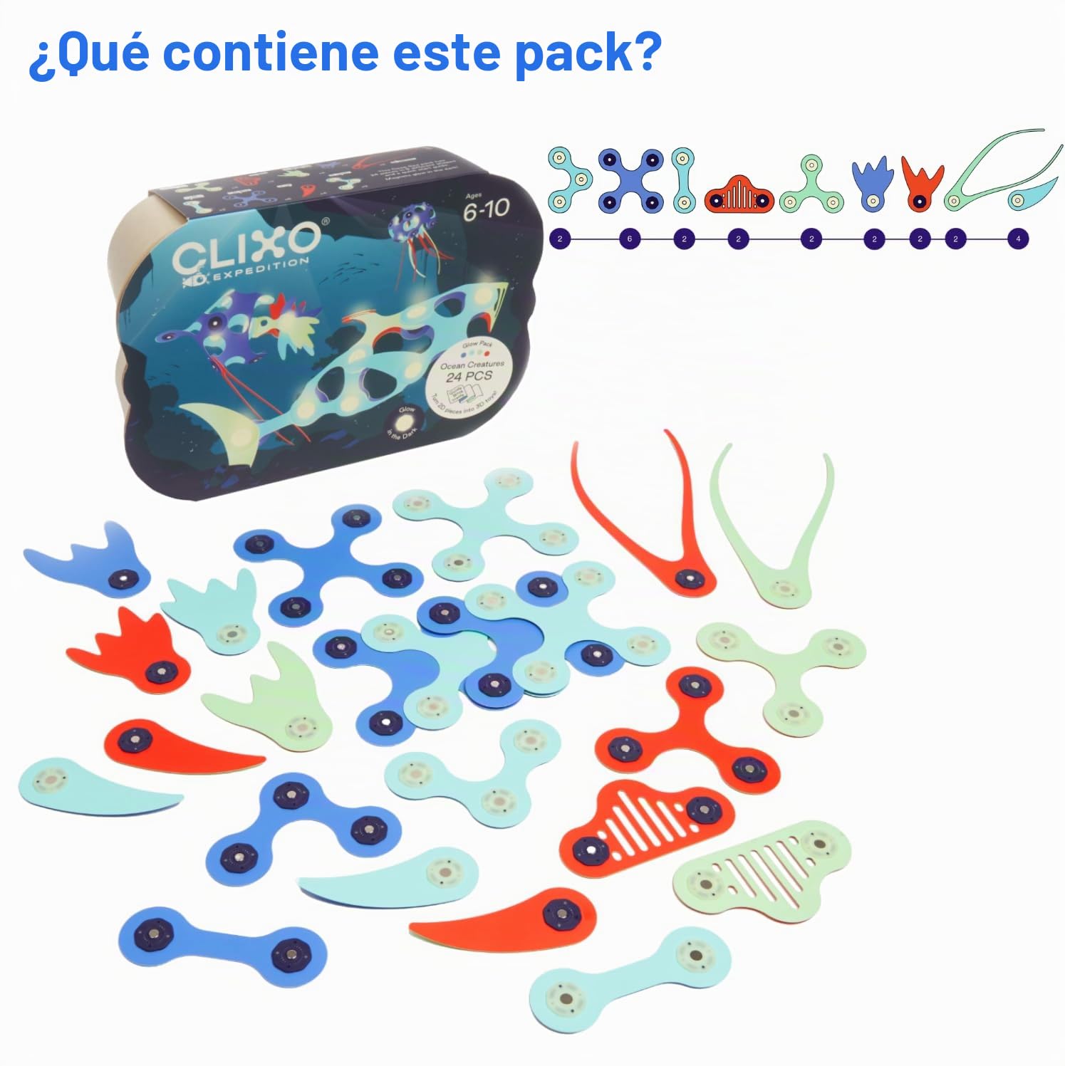 Clixo Ocean Creatures. Juguete magnético niños, Piezas Flexibles duraderas. Educativo, Brillo Oscuridad, Stem. Juego Viaje. 6+ Años. 24 Piezas