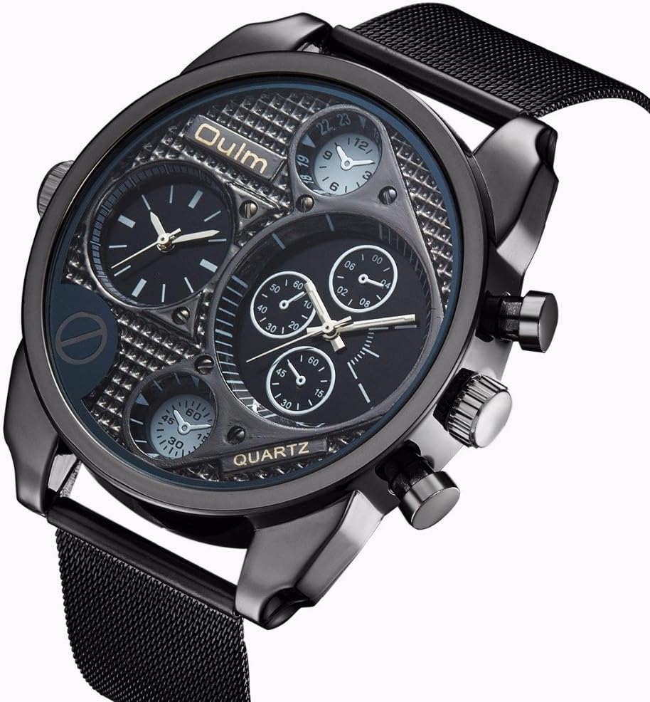 Angled view of the Oulm HT9316W watch, highlighting the decorative sub-dials and buttons on the right side of the case.