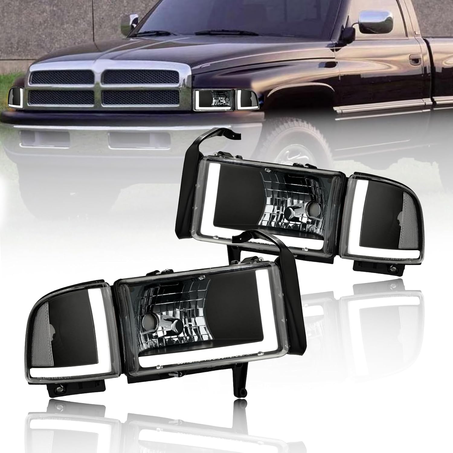 LED DRL Headlights Compatible with 1994-2001 Dodge Ram 1500/1994-2002 Dodge Ram 2500 3500(DON'T Fit SPORT & Ram VAN Models) Headlamp Clear Reflector Black Housing