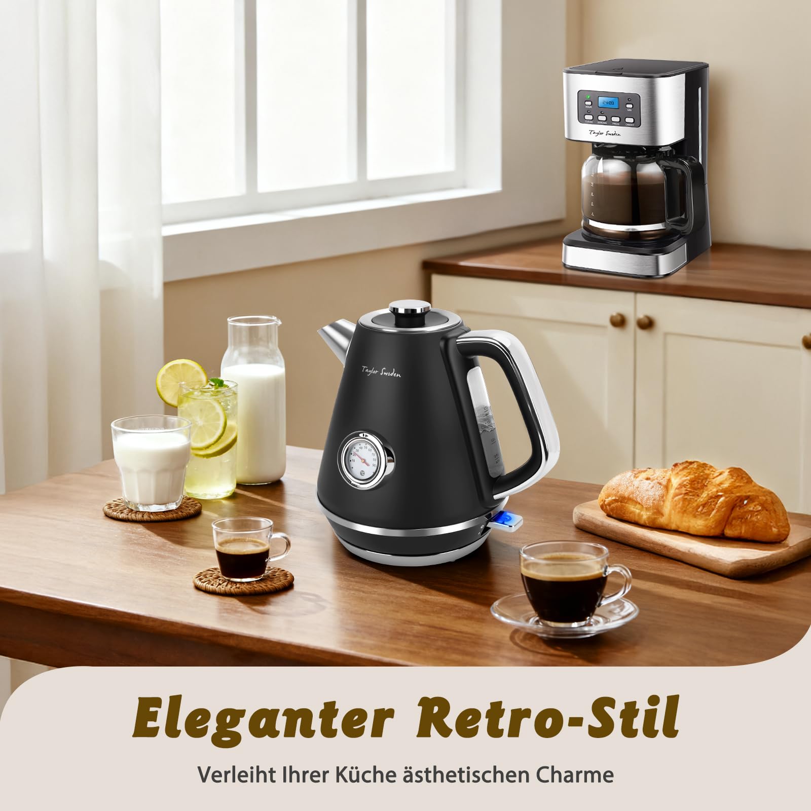 Taylor Swoden Retro Wasserkocher 1,7L Mit Temperaturanzeige Edelstahl 2200W | Mit analoger Temperaturanzeige, beleuchteter Wasserstandsanzeige, Anti-Kalkfilter und Abschaltautomatik