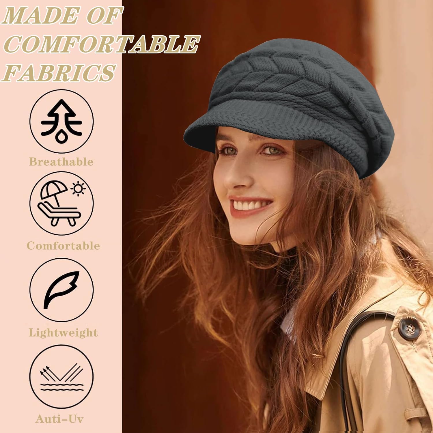 stablerice 4 Pack Womens Winter Beanie Hats Thick Warm Knit Hat with Visor Brim Wool Snow Ski Caps Chunky Soft Slouchy Cap - Image 4