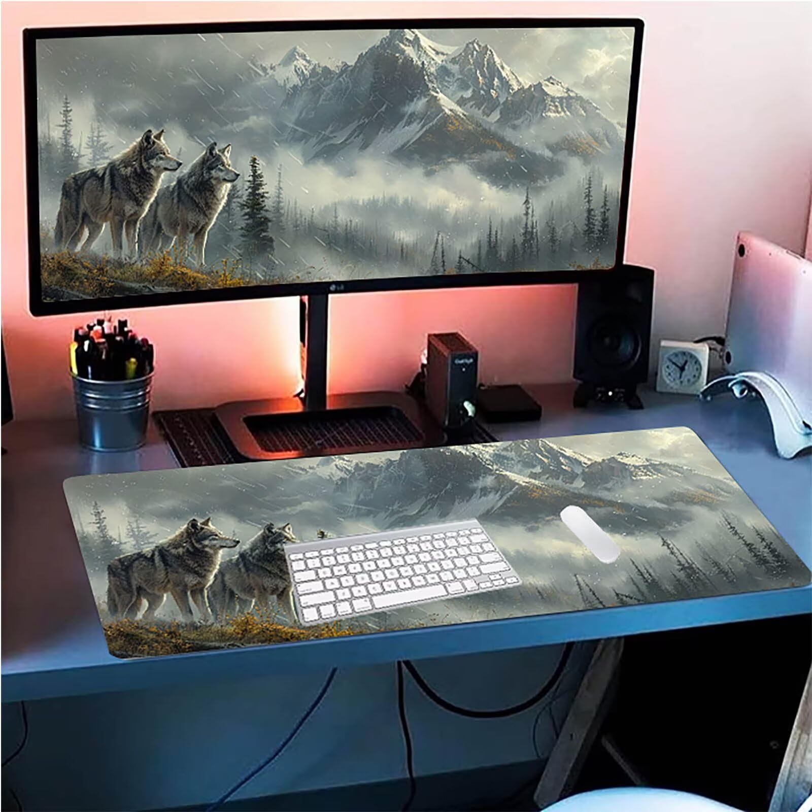 Tappetino Mouse XXL 1500 x 800 mm, Tappetino Mouse Lupo, Gaming Mousepad Migliorare la Velocità e la Precisione, Mouse Pad con Base in Gomma Antiscivolo, Ufficio Accessori Gaming, Grigio F-3027