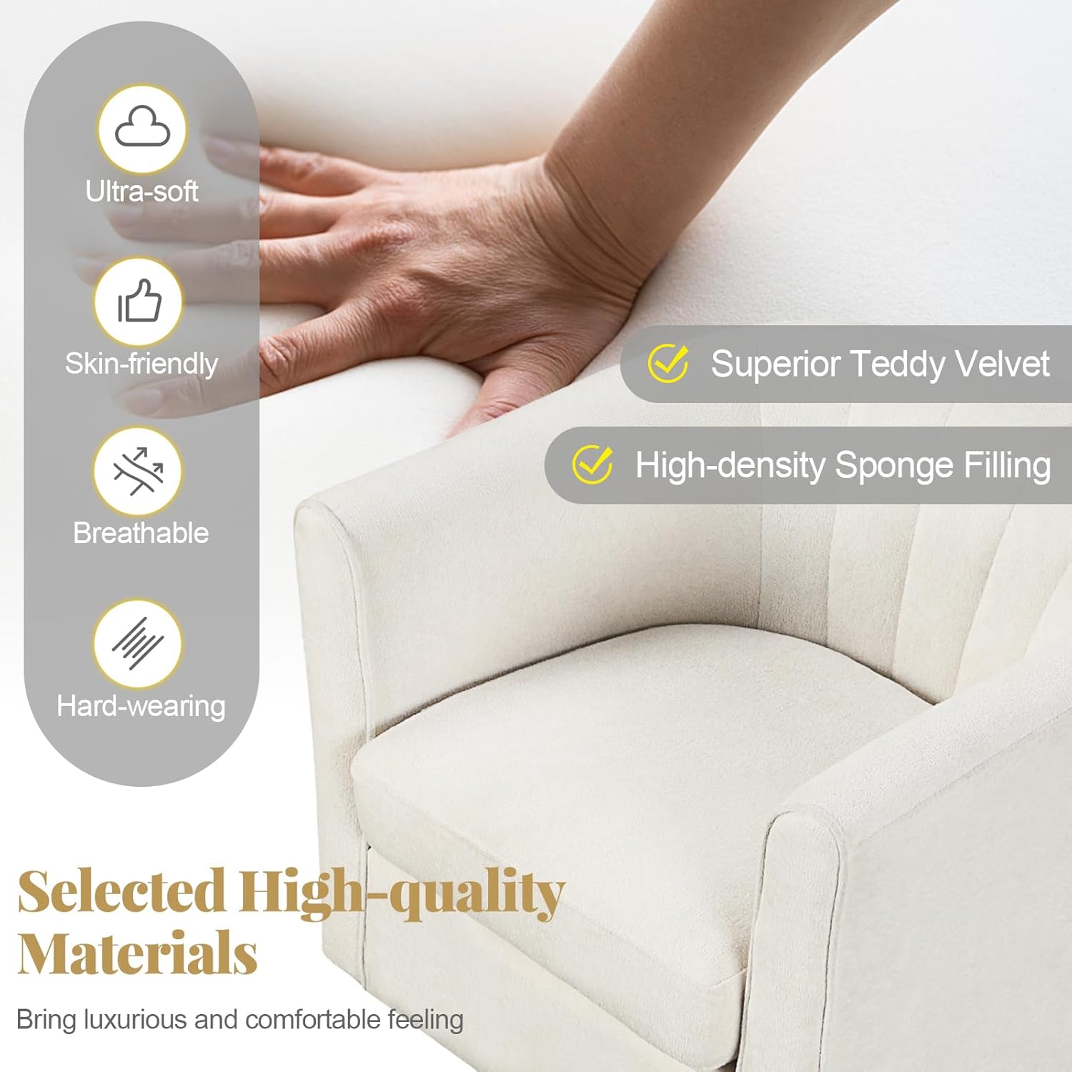 GOFLAME Accent Chair with Ottoman, Modern Teddy Velvet Barrel Chair with Footrest, Curved Backrest, Removable Seat Cushion, Upholstered Club Tub Sofa, Reading Armchair for Living Room, Bedroom, Beige