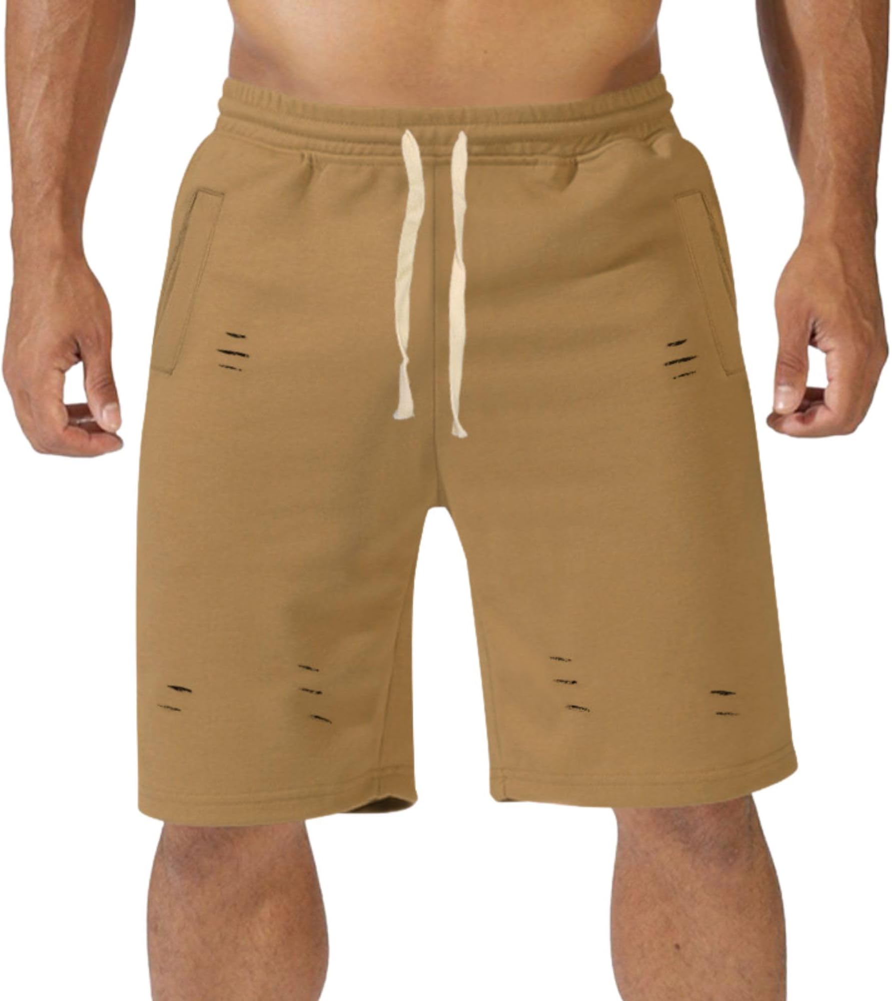 - Mens Summer Ripped Shorts Casual Trendy Loose Workout Solid Color Drawstring Waisted Beach Shorts Gym Wear