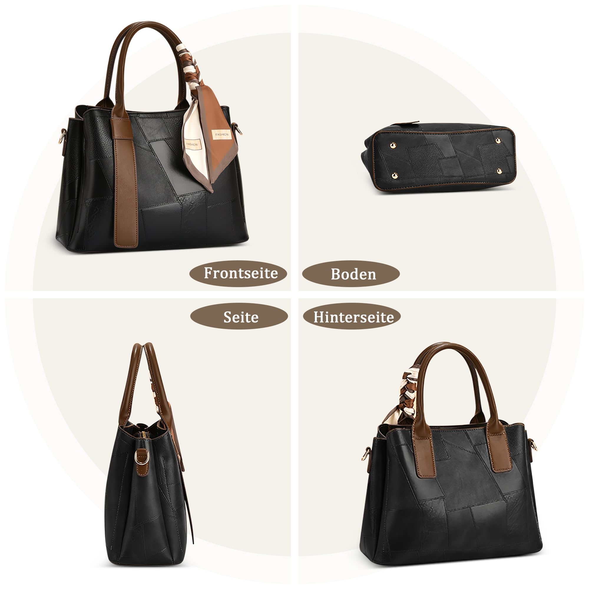 Handtasche Damen Henkeltaschen Modische Patchwork-Textur Umhängetasche PU Leder Schultertasche für Reisen Einkaufen Pendeln Weiß