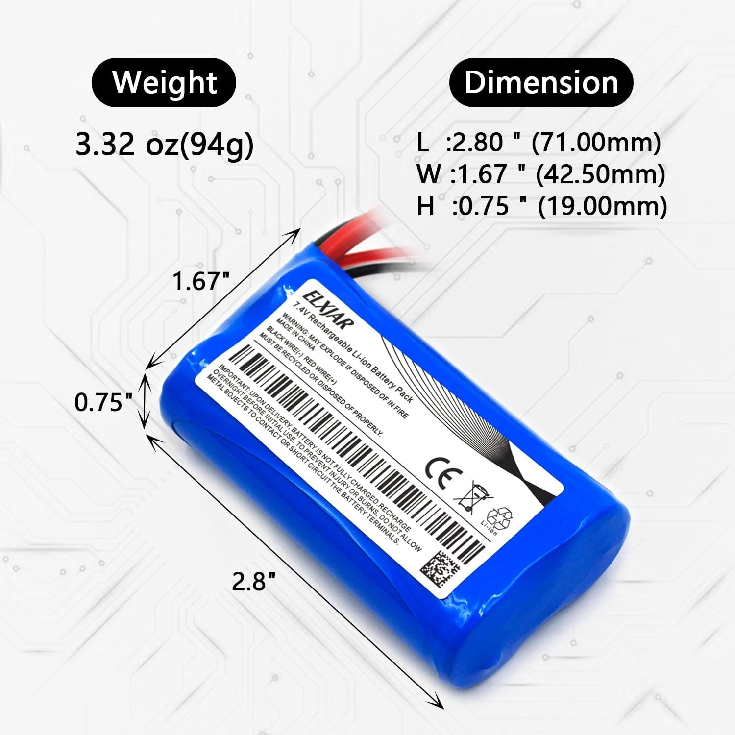Diagram showing the weight of 3.32 oz (94g) and dimensions of 2.80 inches (L), 1.67 inches (W), and 0.75 inches (H) for the battery.