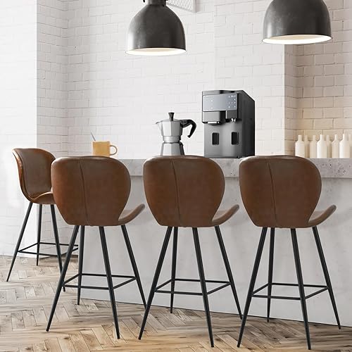 Miniatura 7 de KithKasa Juego de 2 taburetes de bar de altura de mostrador con respaldo, modernos de cuero sintético de mediados de siglo, 26 pulgadas, taburetes