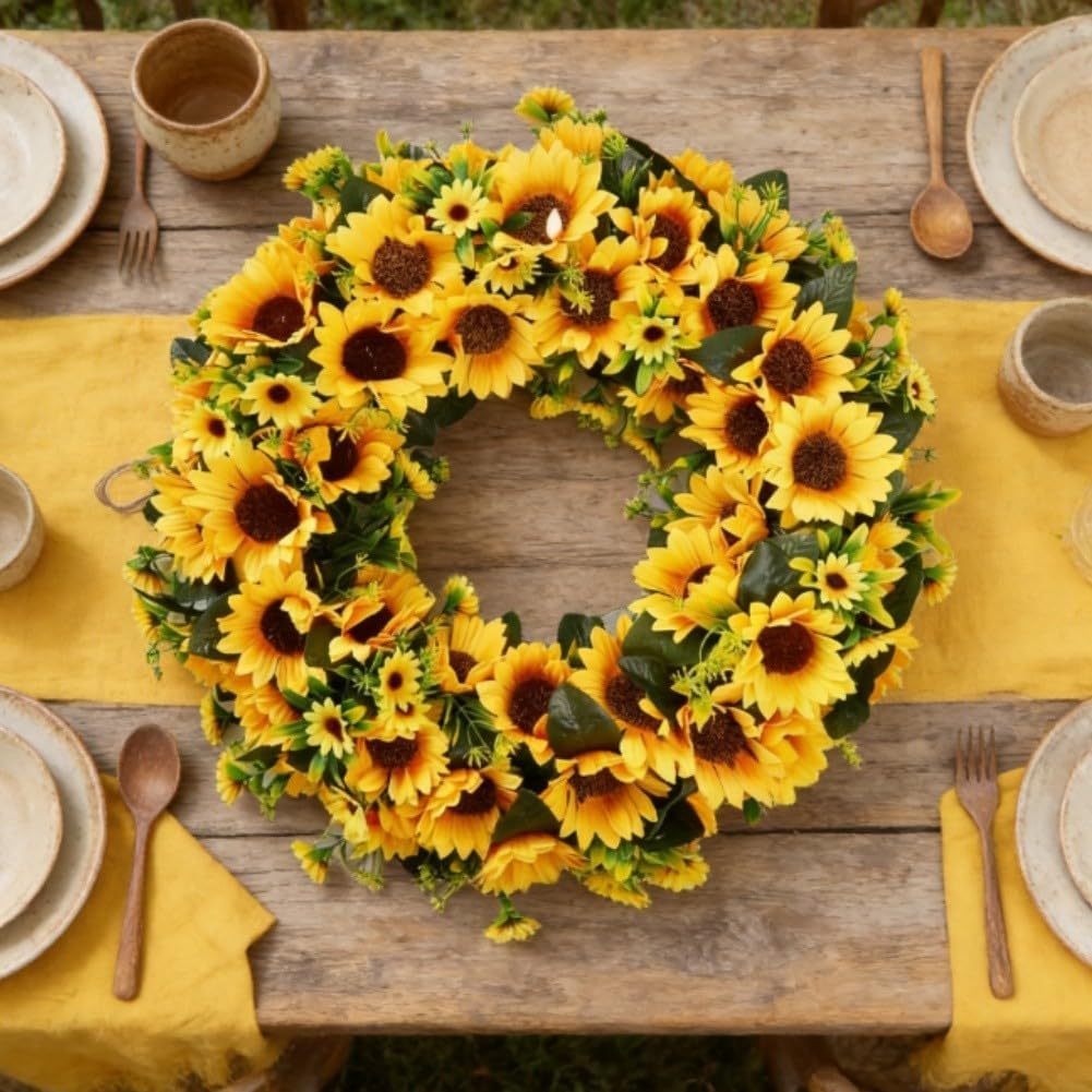 Ghirlanda di girasoli da appendere su porte e pareti o con classico design floreale finto per primavera, estate e autunno (40 cm)