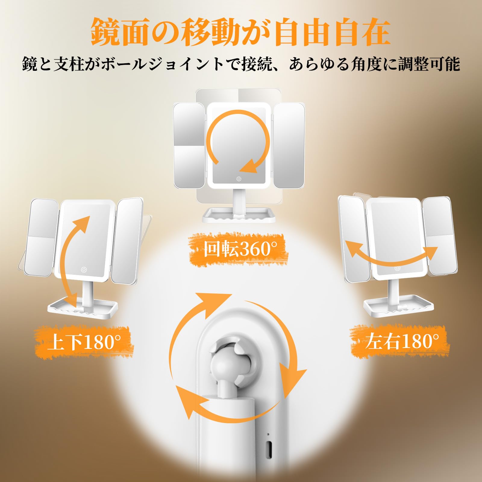Amazon.co.jp: 女優ミラー 三面鏡 ライト付き 卓上 Type-c充電式 拡大