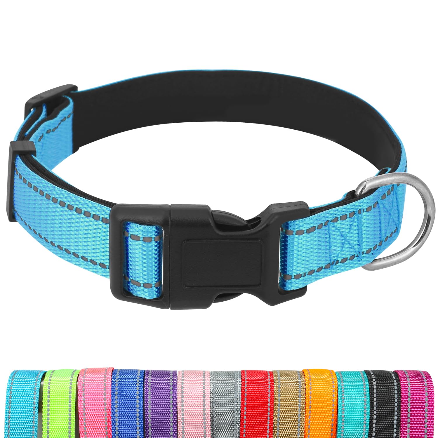 Dog Collars Adjustable for Large Dogs,Heavy Duty Waterproof Dog Collar with Quick Release Buckle,Girl Boy Female Male Reflective Nylon Dog Collar with Soft Neoprene Padded,L,Sky Blue