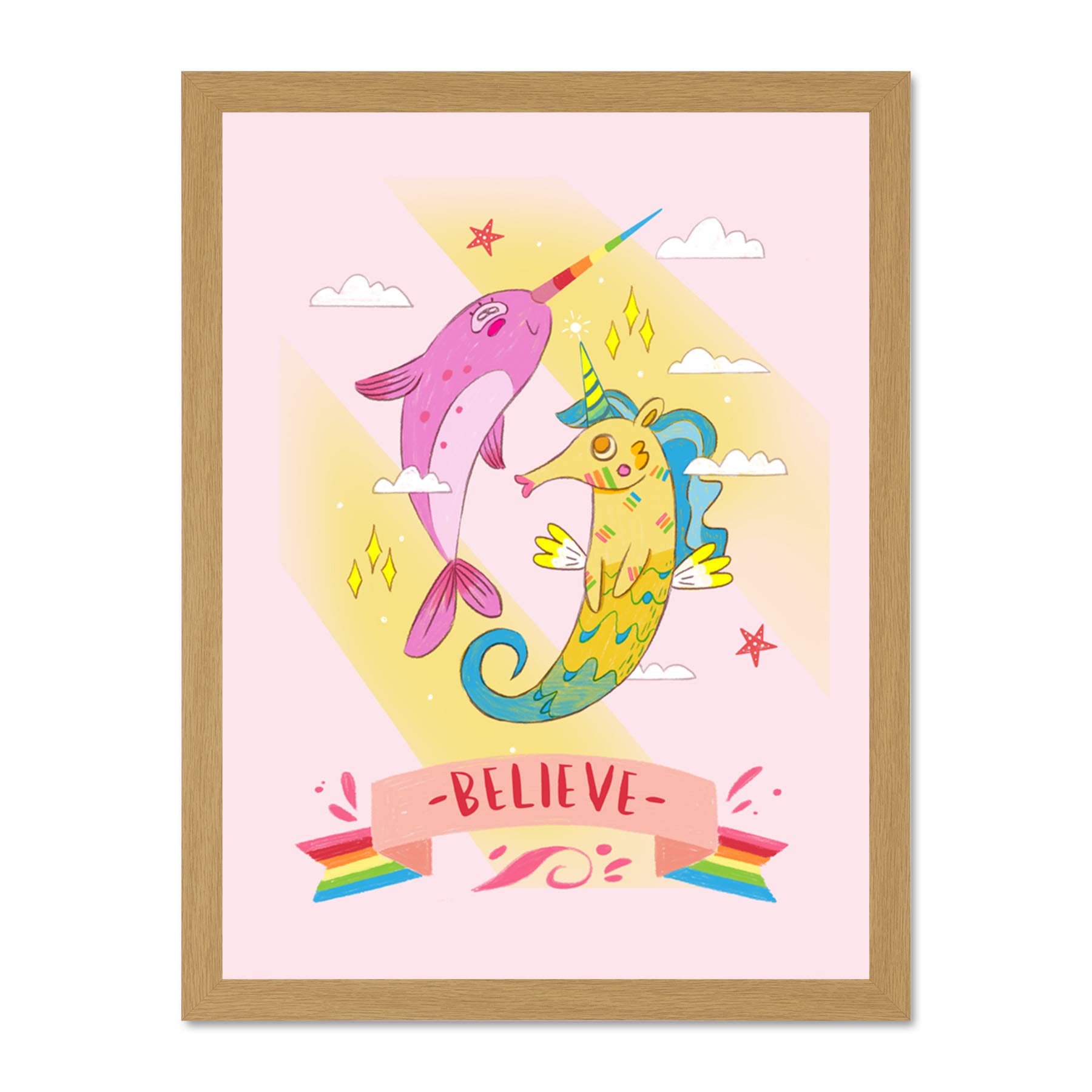 Wee Blue Coo Unicorn Seahorse Narwhal Believe Large Framed Art Print Wall Poster 18x24 inch