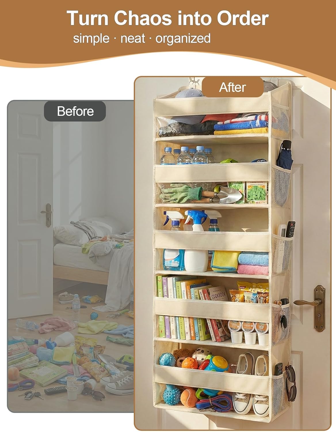 Over The Door Organizer 5-Shelf Closet Hanging Storage with 10 Mesh Pockets, 50 lbs Weight Capacity Door Organizer Hanging for Bathroom, Bedroom, Baby Nursery and Pantry, Ivory