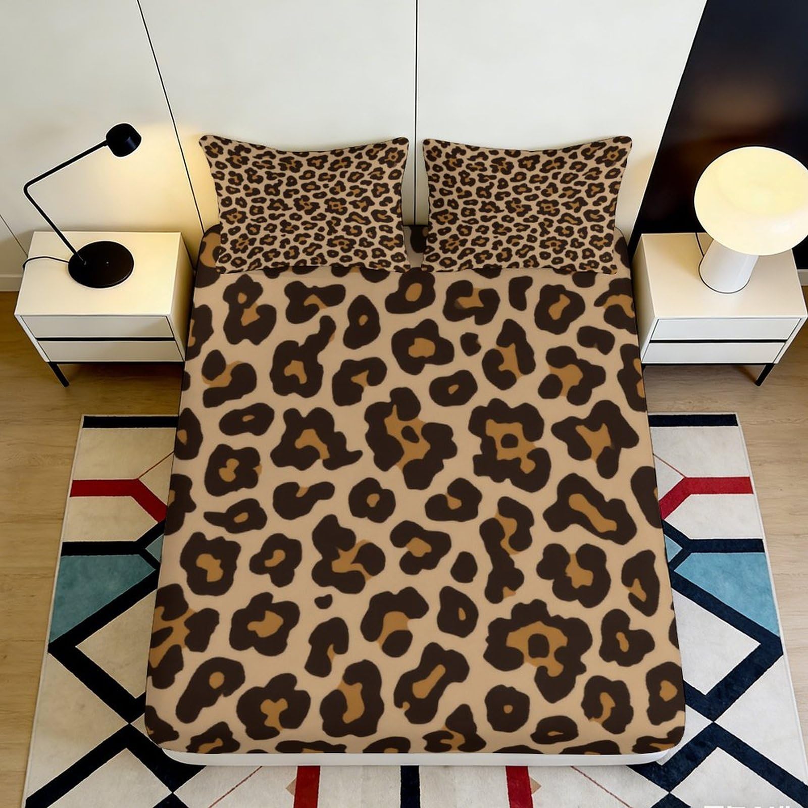 3D Printed Leopard Animal Pattern Fitted Sheet Microfiber Soft Brown Cheetah Bed Cover for Bedroom Guest Room Dorm Mattress Protection 200x200x25cm