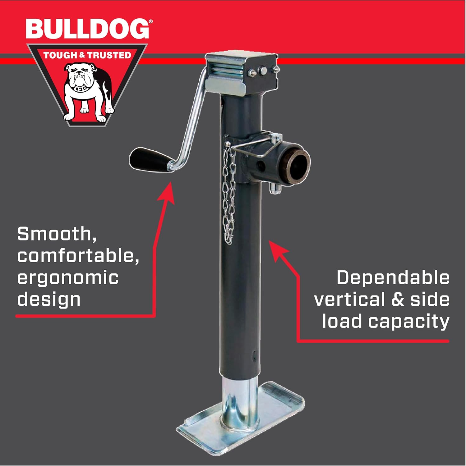 Bulldog 178203 Round Trailer Jack, Side Mount, 5,000 lbs. Lift Capacity, Sidewind, Weld-On, Includes Footplate, 15 Inch Travel