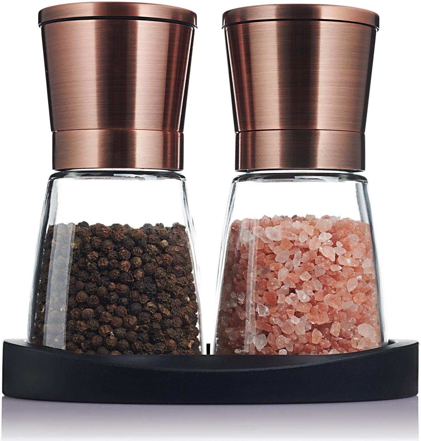 Salt And Pepper Grinder Set (2 Pc.) Copper Colored Stainless-Steel, Glass Base/Kitchen, Dining Room Accessory/Spices, Himalayan Pink Salt, Peppercorn/With Bonus Black Silicon Stand