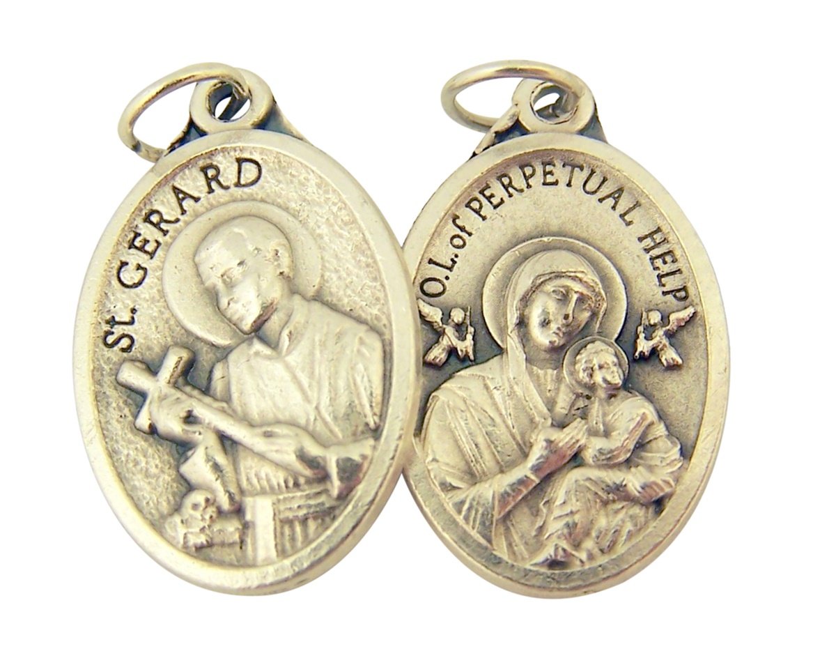 Silver Toned Base Saint Gerard with Our Lady of Perpetual Help Medal, 1 Inch, Set of 2