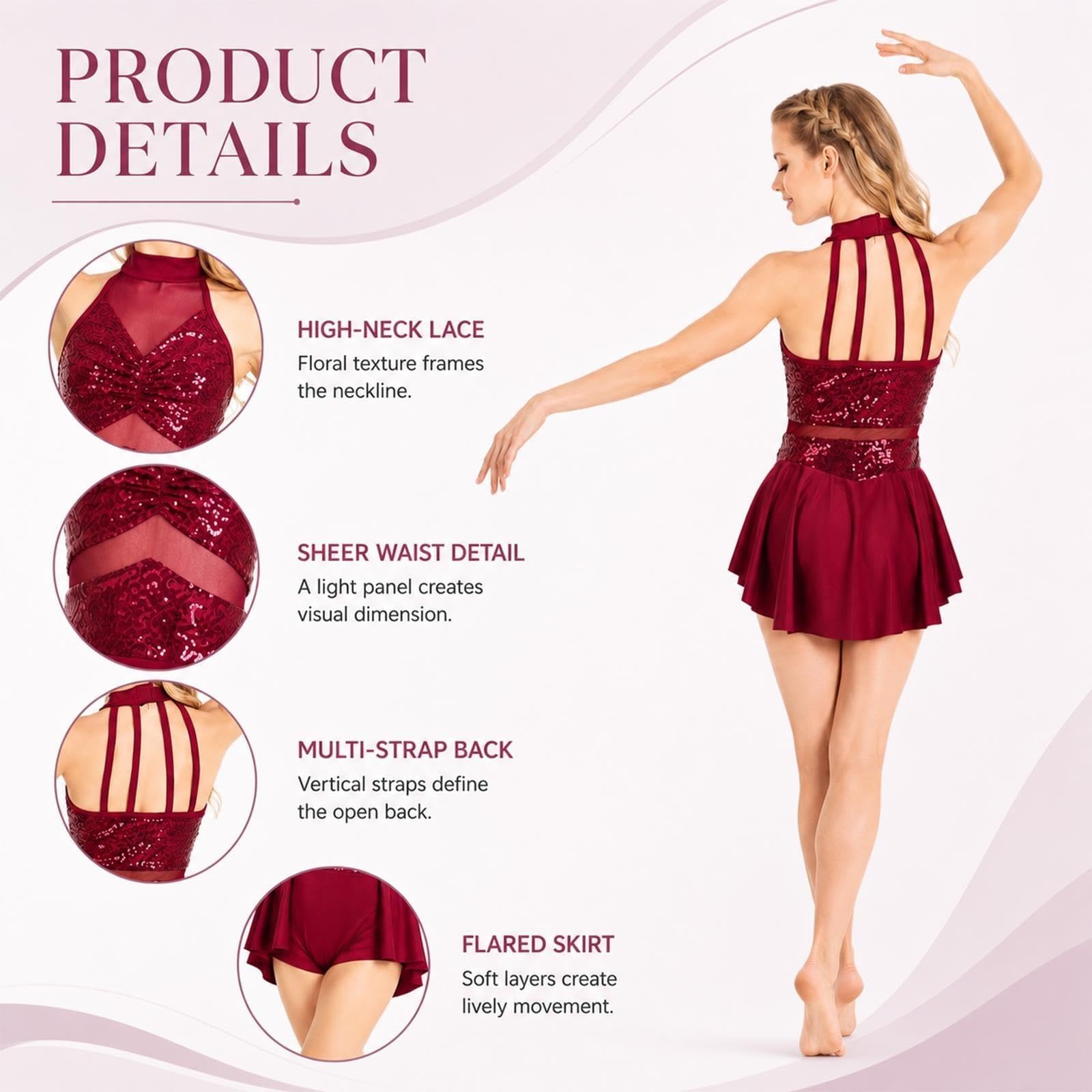 Abito da danza lirica donna e teen, body halter con paillettes