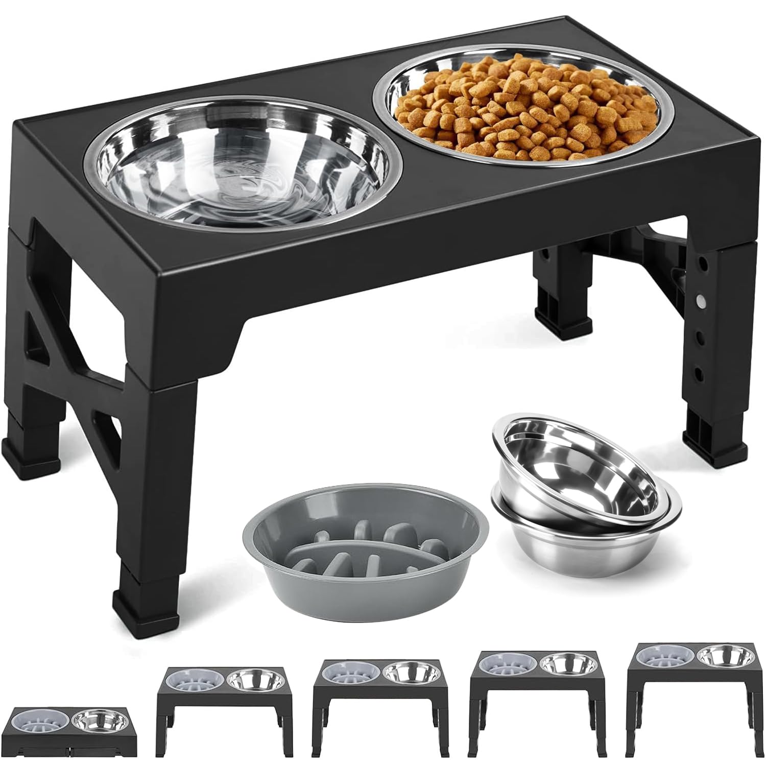 Raised Dog Bowl Stand- 5 Height Adjustable 2.95" to 12.2", Elevated Dog Bowls with 2 Stainless Steel Dishes &1 Slow Feeder Bowl, Pet Feeder Station for Small Medium Large Dogs