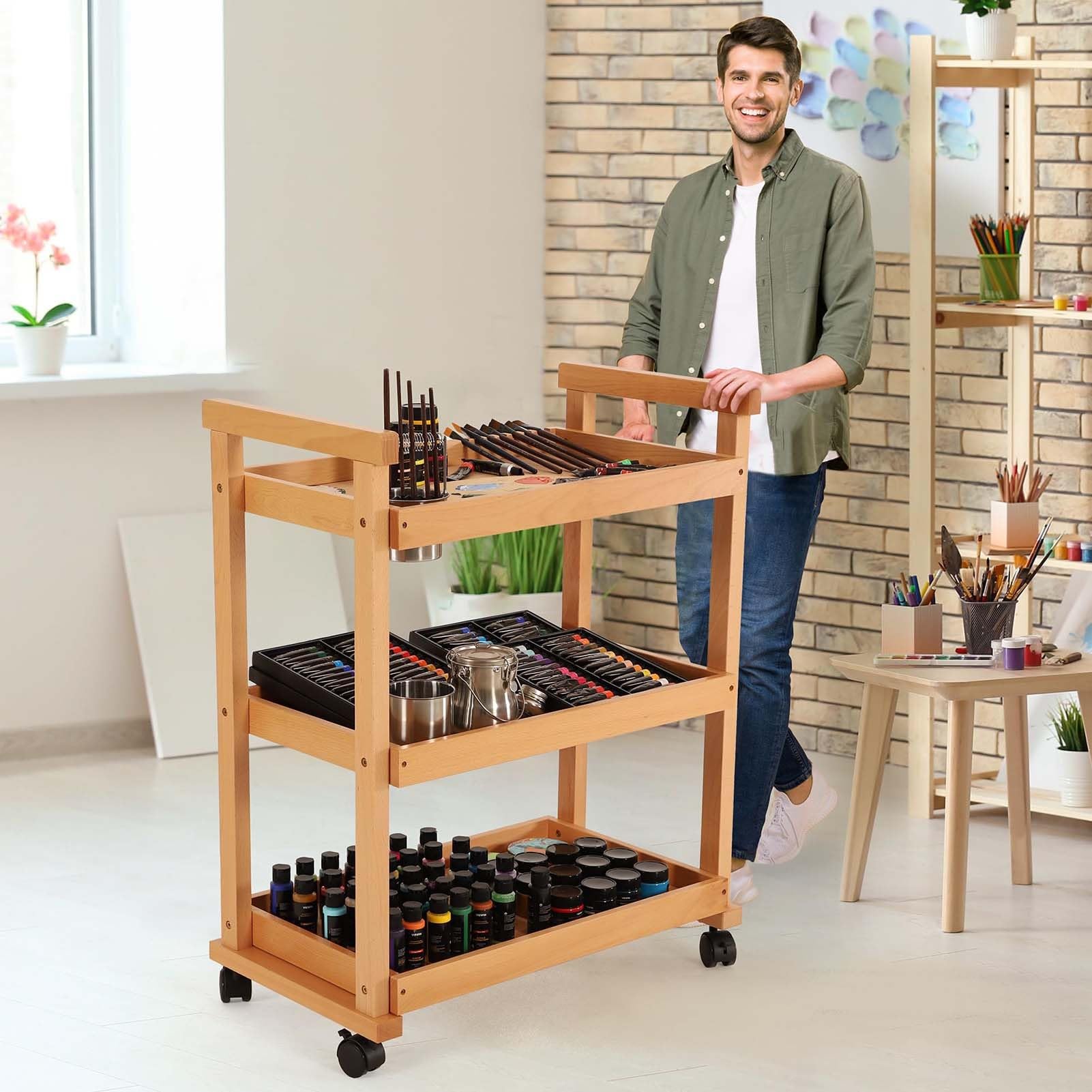 89 Cm Organizer Na Przybory Artystyczne, Solidny Organizer Z Drewna Bukowego Z 4 Kółkami, Wielofunkcyjny Wózek Narzędziowy Na Kółkach Do Pracowni, Klasy, Dla Artystów, Naturalny