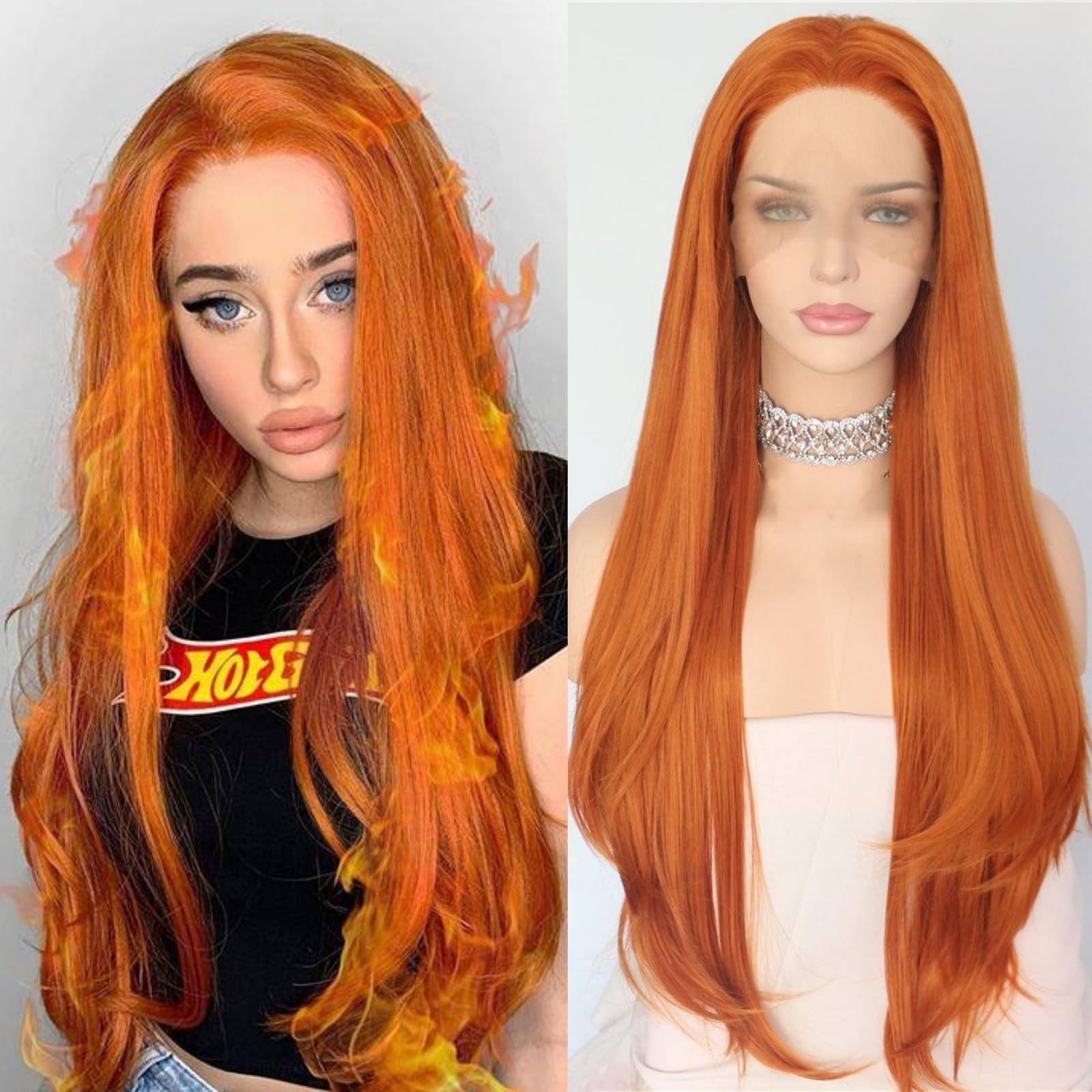 Sapphirewigs Orange Color Natural Hairline Silky Soft Beauty Blogger Daily Makeup Synthetic Lace Front Party Wigs