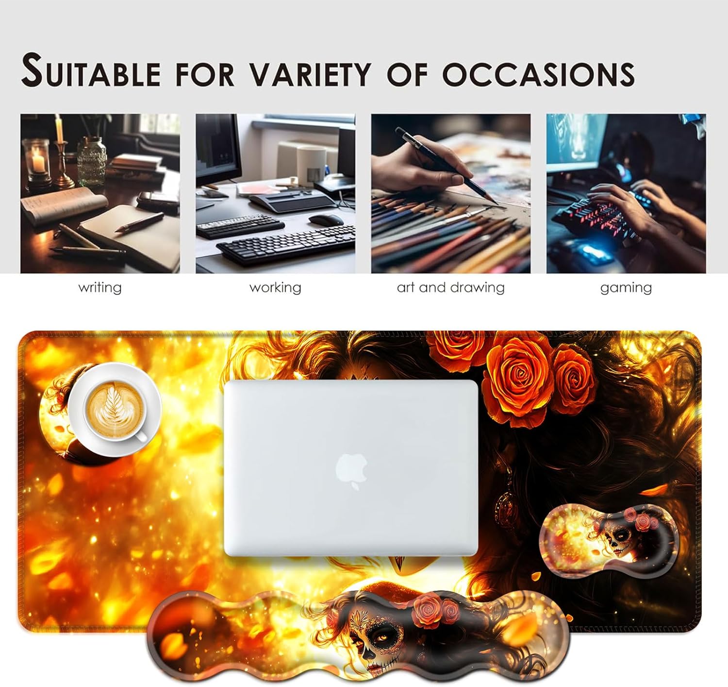 Large Keyboard Mouse Pad Set, Extended Mouse Pad+Keyboard Wrist Rest Support, Memory Foam Ergonomic Easy Typing, 4Pcs (31.5×11.8 in) Desk Pad Set for Office Home,Skull Woman with Rose