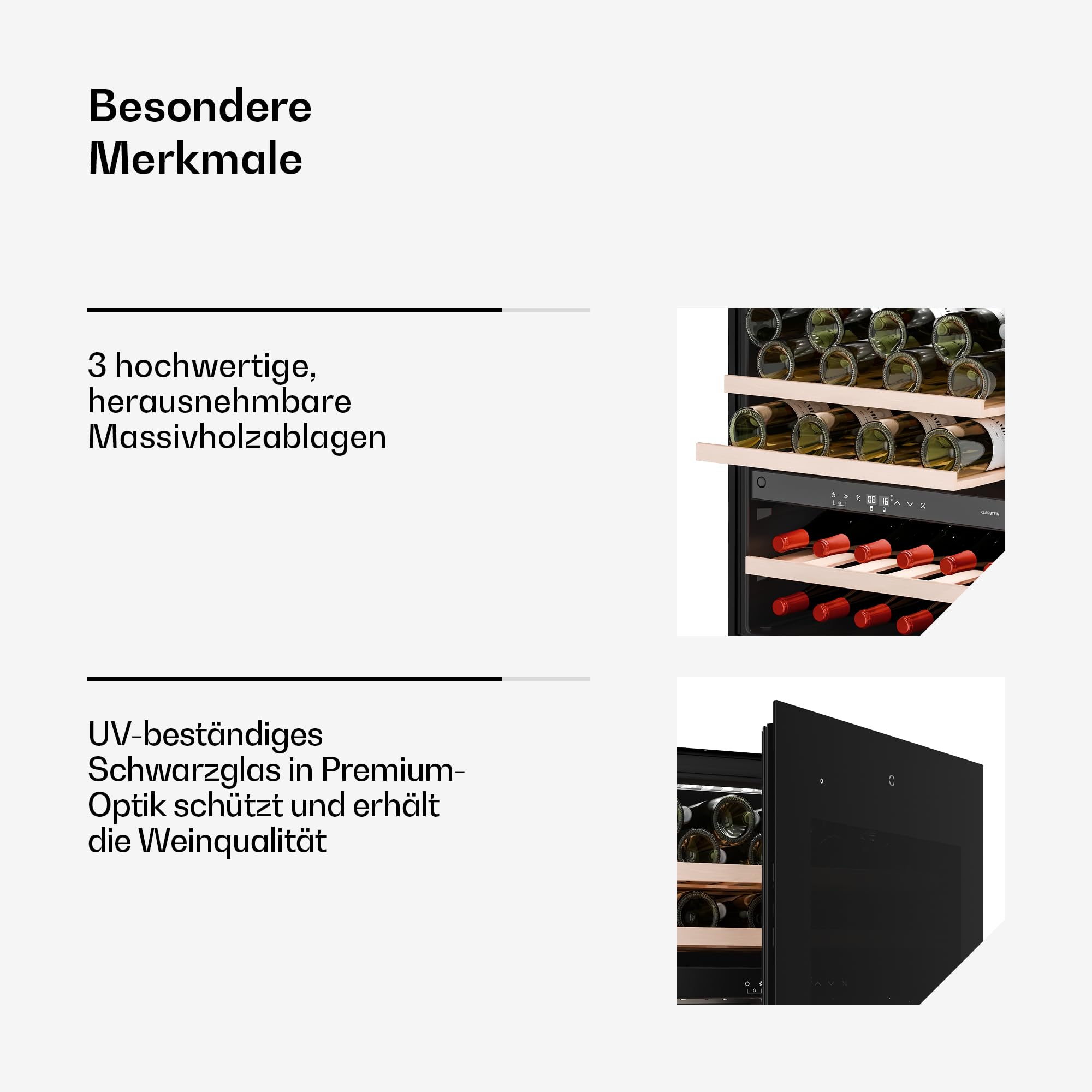 Klarstein Velaire Weinkühlschrank 2 Zonen - 36 Flaschen, Einbau, 5-22°C, Touch, LED, UV-Schutz, Holzregale, 41 dB, Weinklimaschrank 2 Zonen