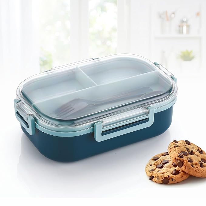 ATTRO Carry Fresh Kids Plastic Lunch Box 3 Compartments & Fork, BPA-Free, Food-Grade, Ideal for School, Picnic, Travel & Outdoor Use- Blue, 500 ml