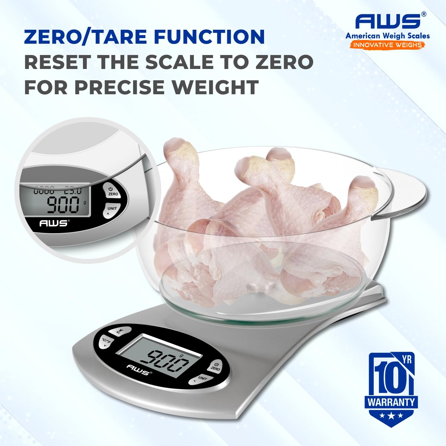 AWS Kitchen Pro - Báscula digital de precisión para alimentos de 0,1 g/0,001 onzas con vidrio templado, cuenco apto para lavavajillas, tara, temporizador, reloj y pantalla de temperatura ambiente |
