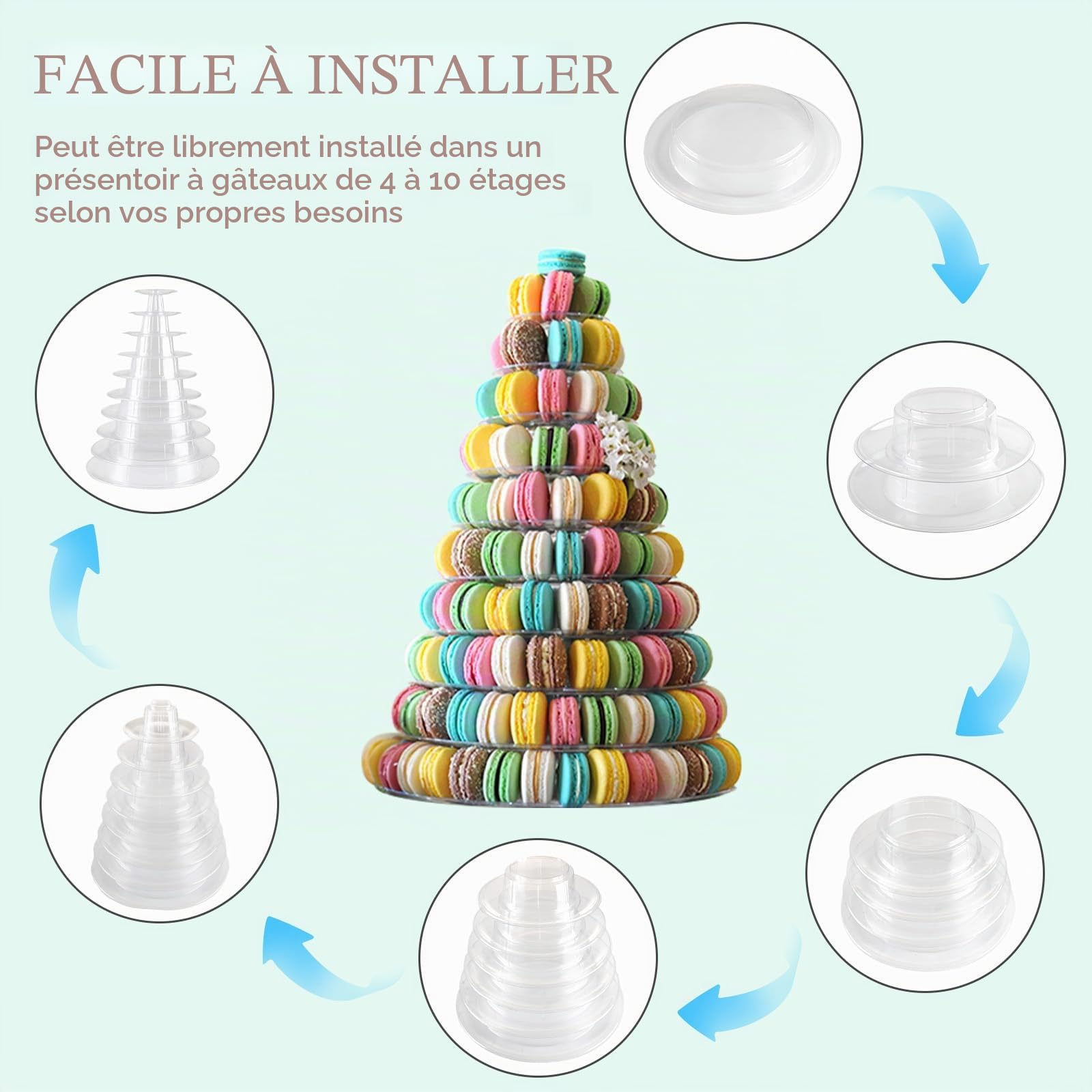 Présentoir rond en plastique transparent pour macarons, gâteaux, desserts, pâtisseries, anniversaire, mariage, fête (10 niveaux)