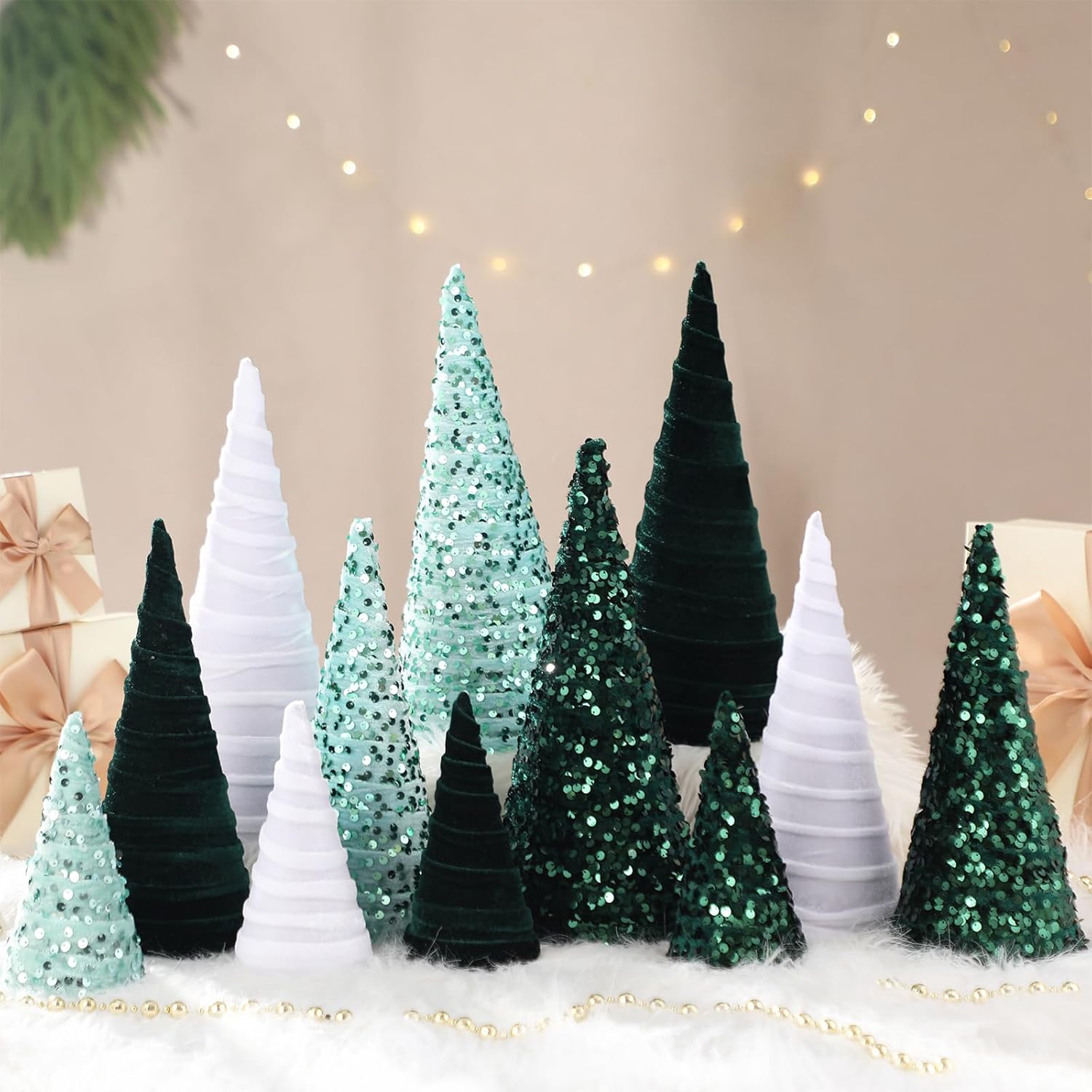 ShinyRelief 12 Pcs 12" 10" 6" Christmas Velvet Cone Tree Decorations Mini Sequin Xmas Tree Cone Set for Christmas Winter Entryway Mantel Table Centerpiece Decor (Green, Light Green, White)
