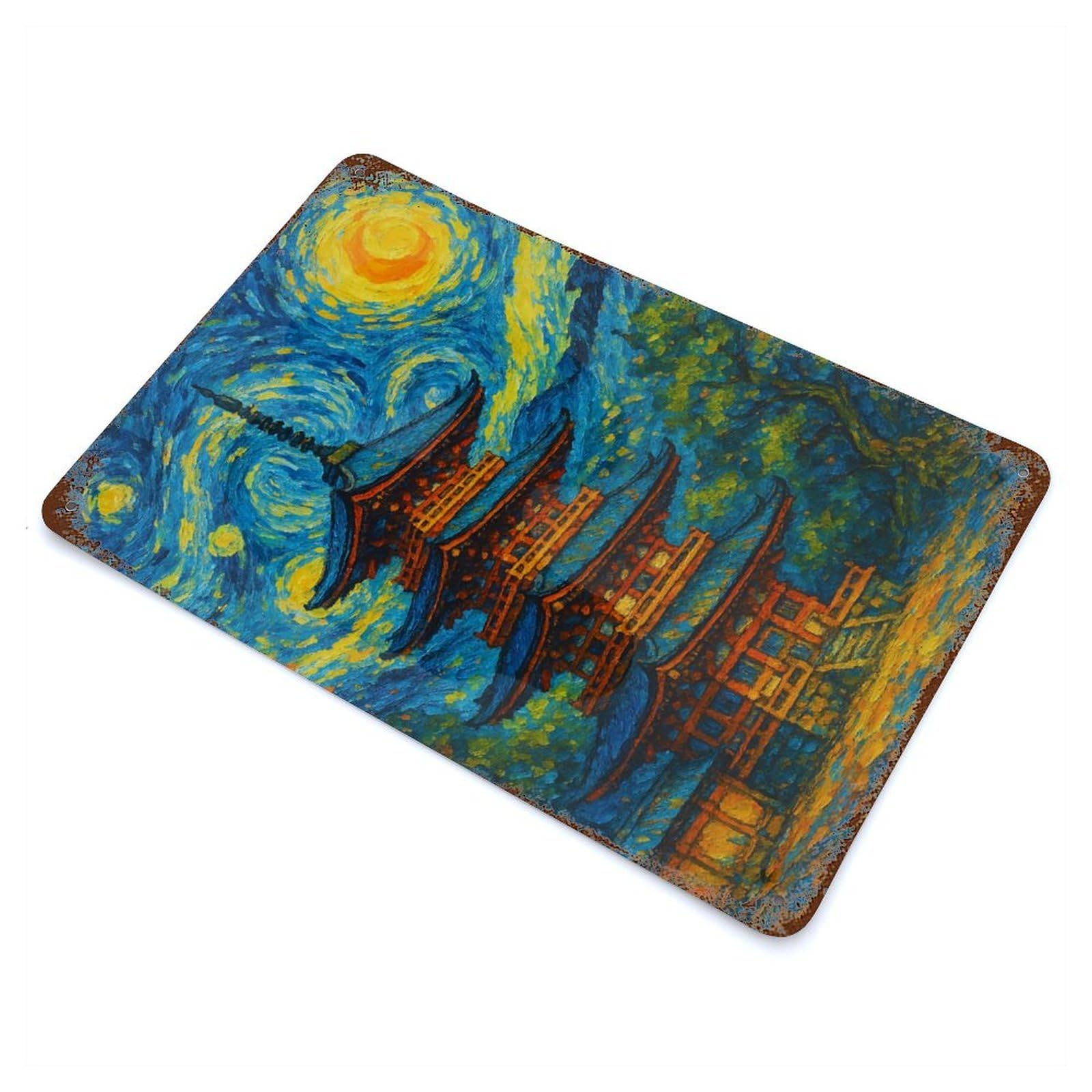 Japanese Pagoda in Starry Night Style 11.8"x7.9" Rustic Tin Plaque, Novelty Wall Decor for Living Room, Hallway And Home Decor