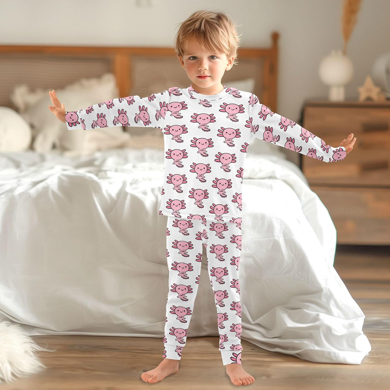 Long Sleeve Pajama Sets Cute Axolotl Sleepover PJ Set 2PCS Pink Animal Pattern Nightwear Loungewear PJS 5T