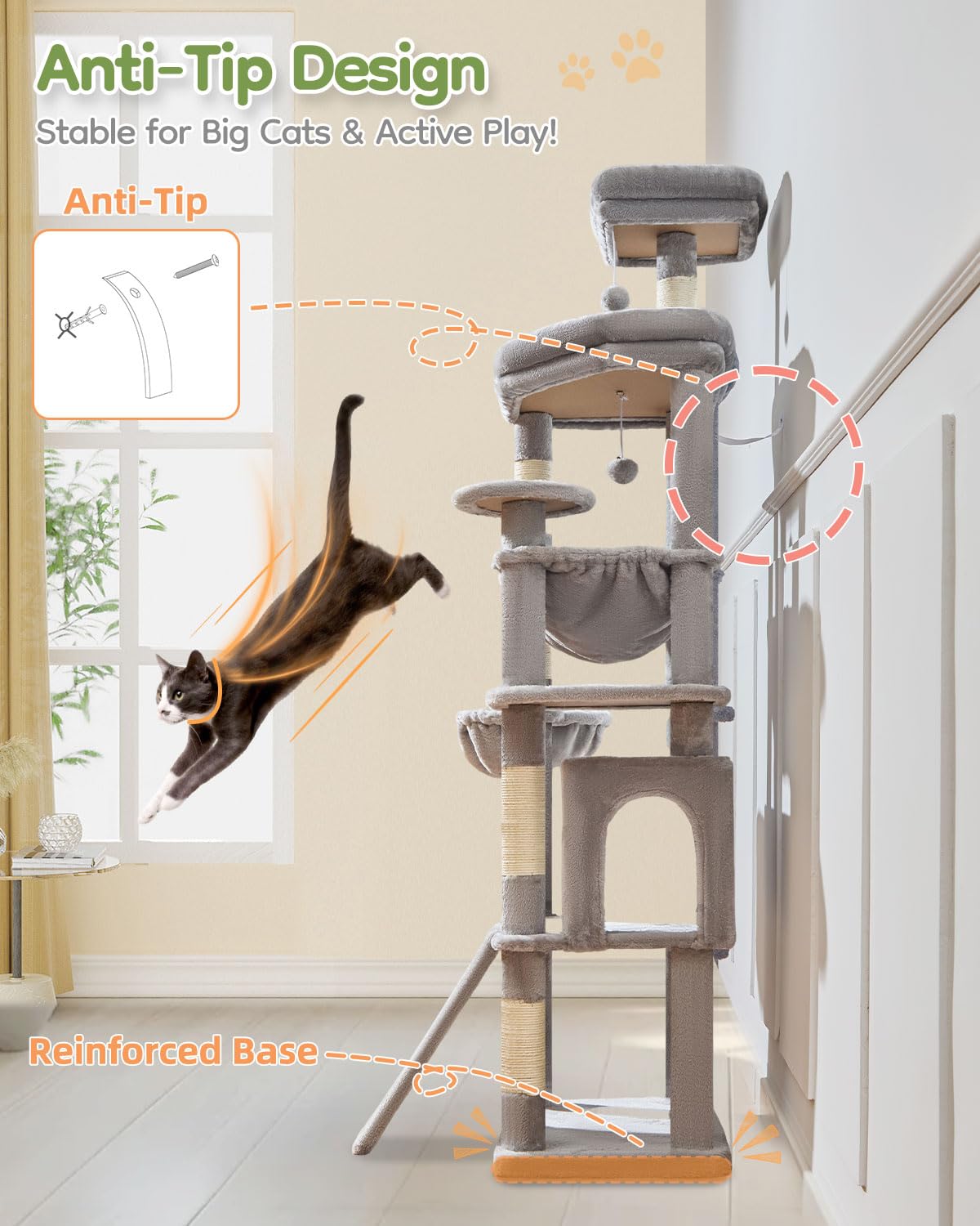 Taoqimiao Árbol para Gatos Grandes 183 cm, Árbol Rascador Multinivel con Cabaña Ancha, Panel Rascador Grande, 5 Postes Arañadores, Hamaca Metálica y Cesta Cómoda, MS045W Gris Claro