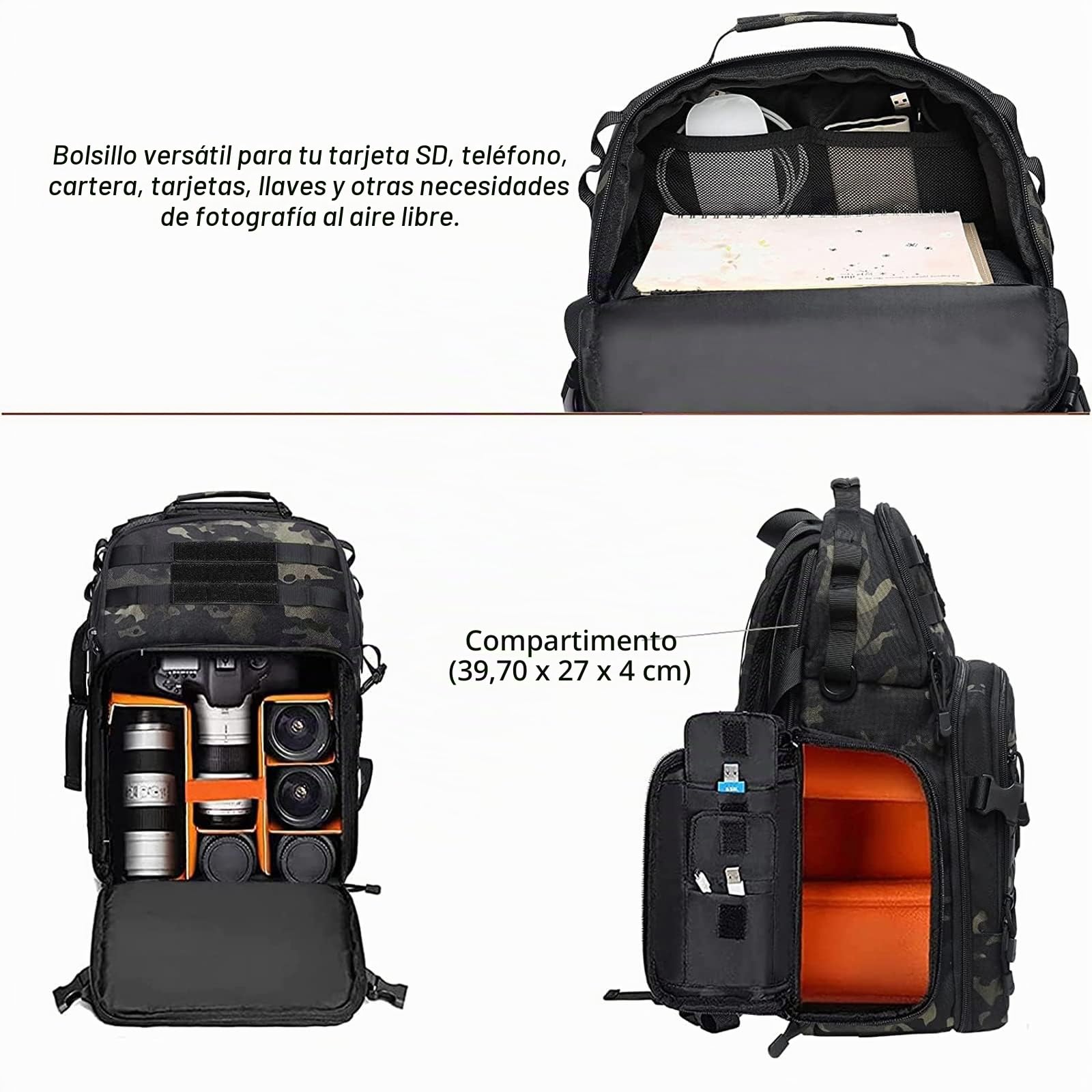 MOSISO Mochila Táctica para Cámara, DSLR/SLR/Mirrorless con Soporte para Trípode y Compartimento para Portátil de 15-16 pulgadas Compatible con Canon/Nikon/Sony, Camuflaje Nocturno | Para Cámara con Soporte para Treppied & 15-16 pulgadas Laptop Compartime