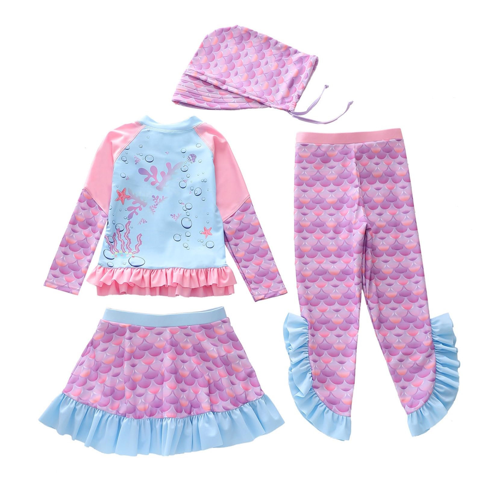 Generisch Bañador para niña de manga larga con bonito estampado de dibujos animados y patrón de escamas, traje de cuatro piezas