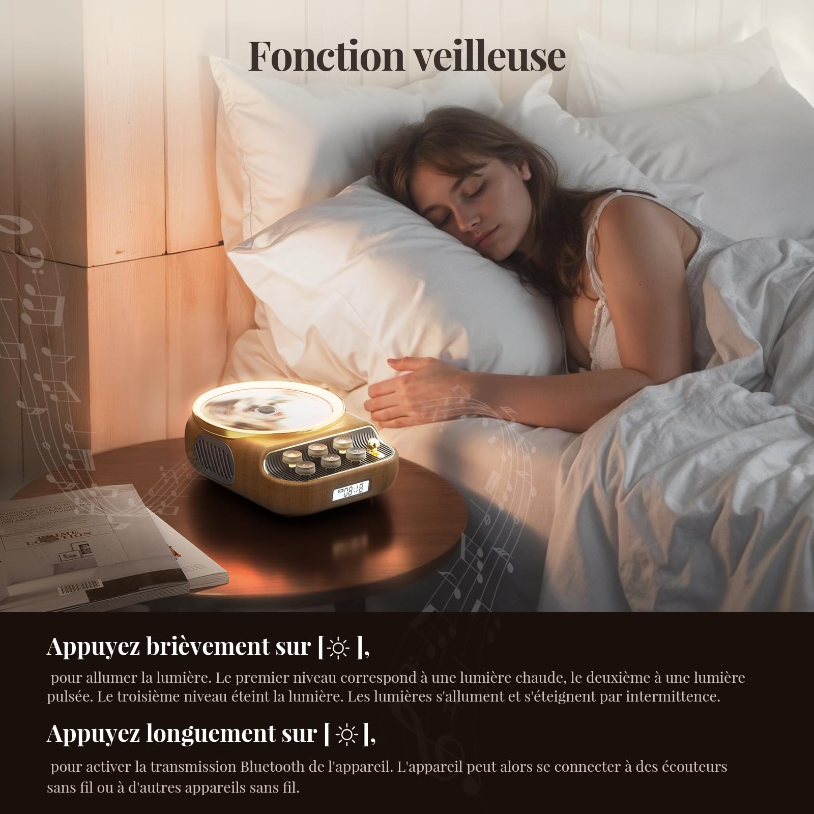 Lecteur de CD Portable Amélioré et Haut Parleur Bluetooth5.3 6en1 Rechargeable pour Voiture Maison avec, Radio FM, Prise en Charge AUX/TF, Prise Casque