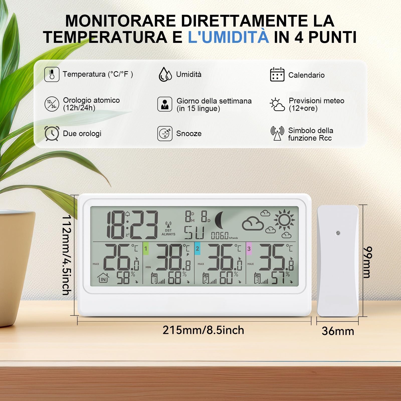 Stazione Meteo con 3 Sensore Esterno, Stazione Meteo con Display LCD 8,5”, Termometro Interno ed Esterno, Igrometro, Barometro, Previsioni Meteo, Fasi Lunari, Sveglia, Funzione Snooze e RCC