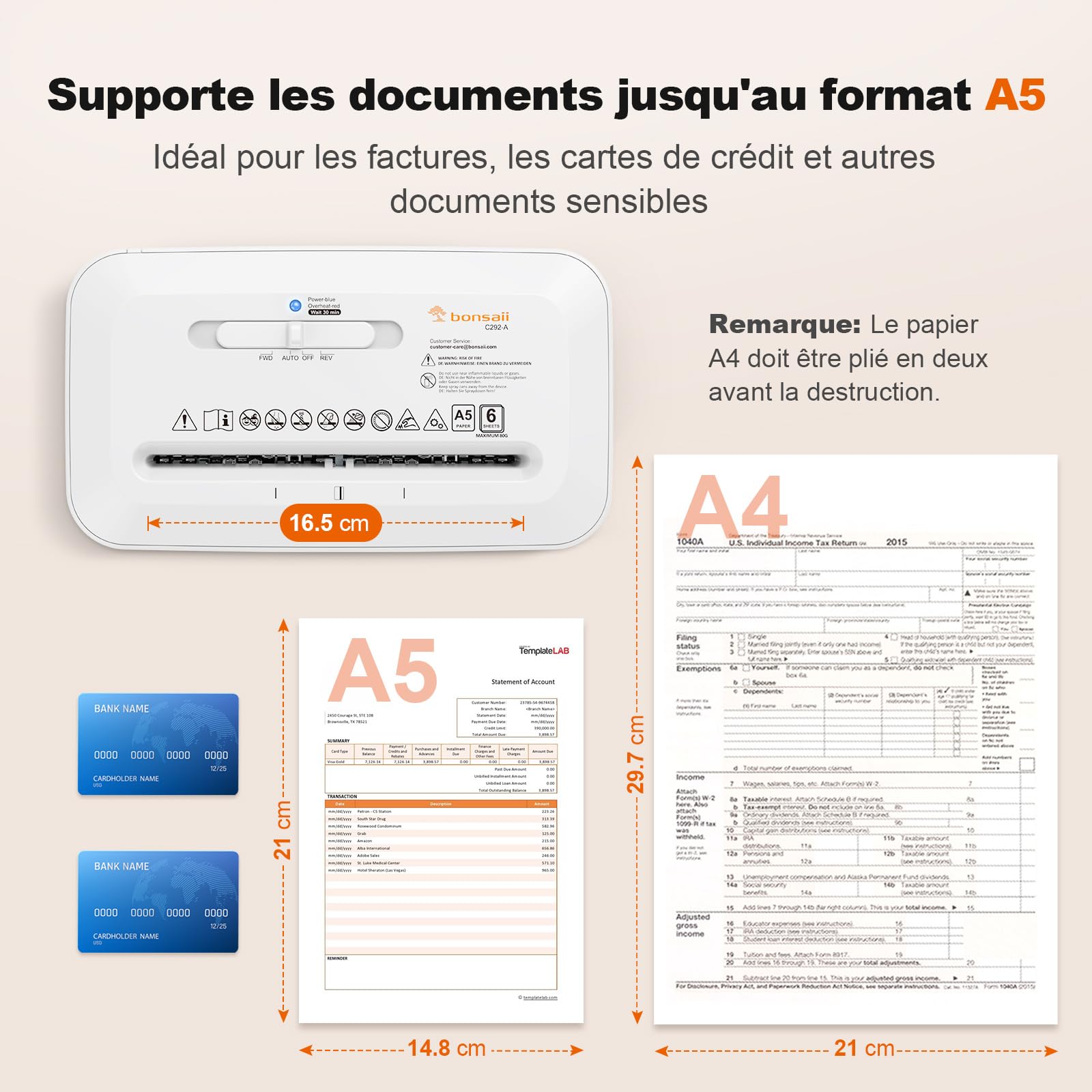 Bonsaii Destructeur de Documents Coupe Croisée 6 Feuilles A5 Haute Sécurité P-4 Bac 6L C292-A