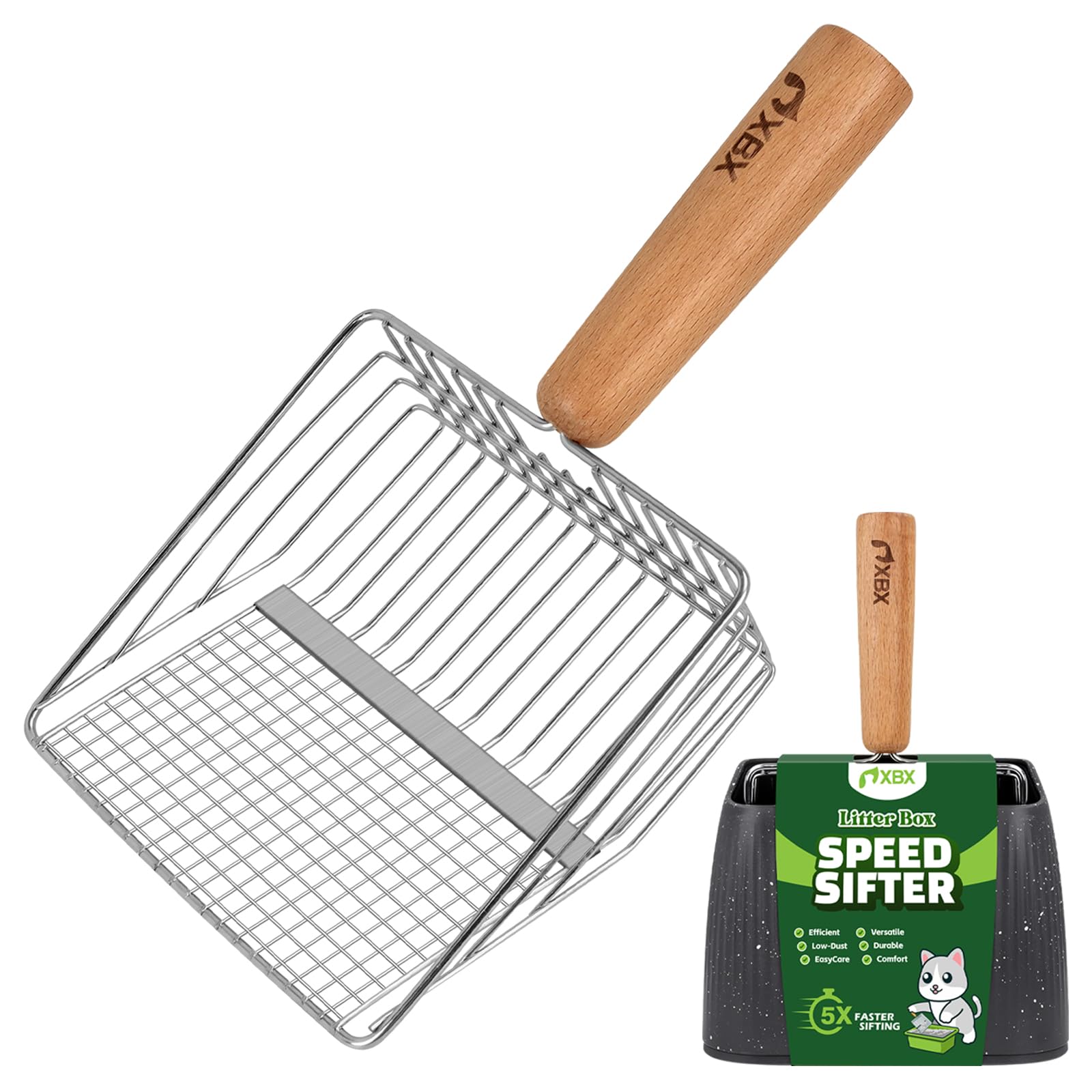 XBX Cat Litter Scoop with Holder, Heavy Duty Litter Sifter, Stainless Steel Litter Shovel, Litter Scooper with Beech Wood Grip and Washable Stand, Perfect for Cat Litter Box Cleaning