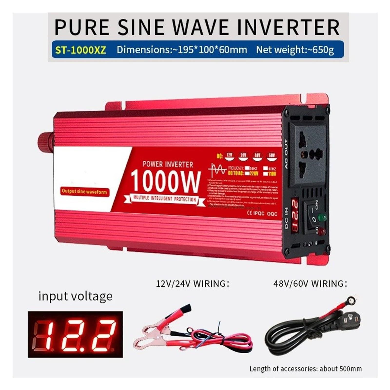 Convertidor Inversor Universal Onda Sinusoidal Pura 1800 W/2200 W/3000 W Convertidor Potencia 50/60 Hz CC 12 V 24 V 48 V 60 V A 110 V-240 V con Pantalla LCD Transformador(1000W,12V,220V-240V 50HZ)
